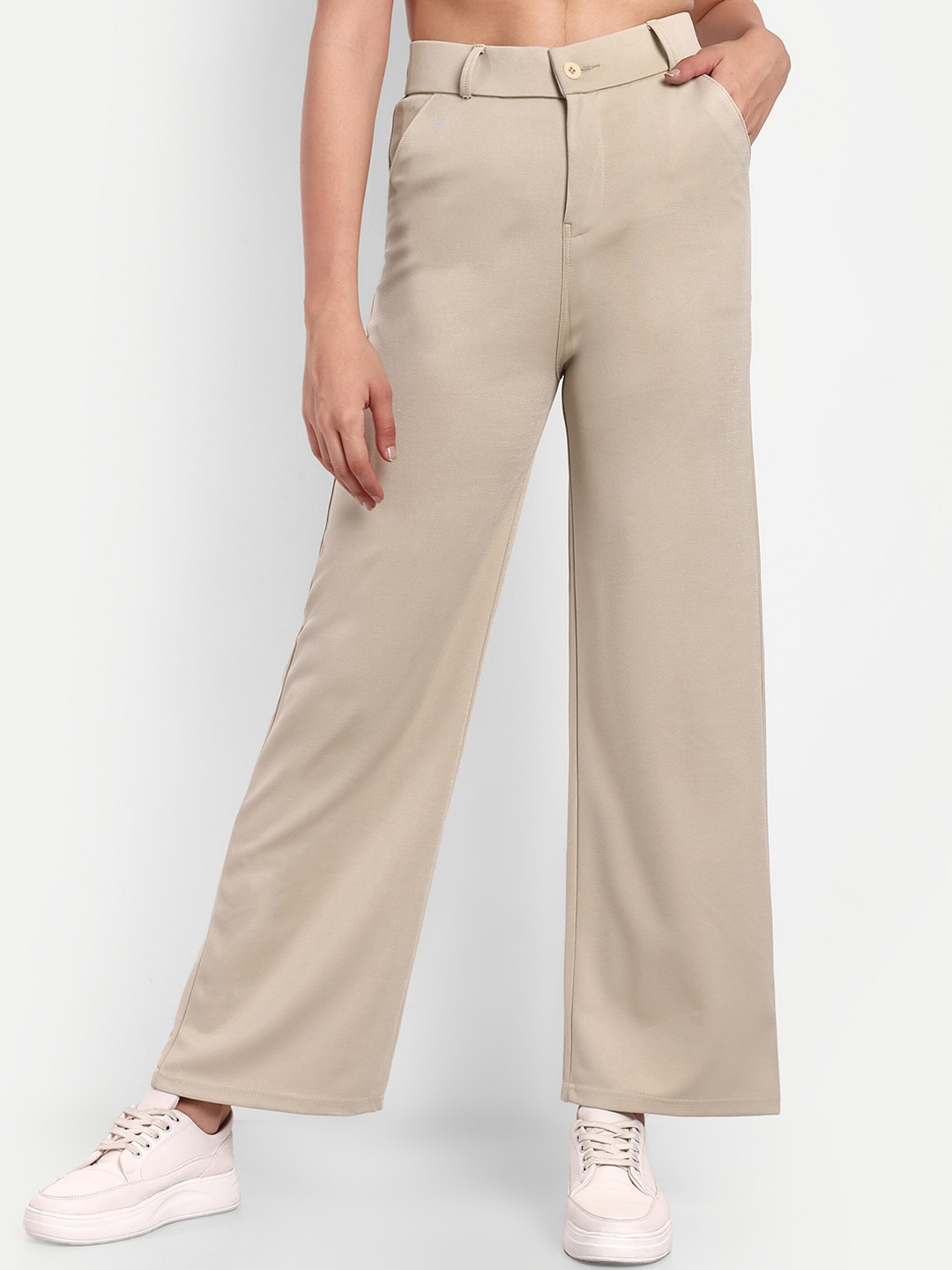 

Next One Women Smart Straight Fit High-Rise Stretchable Knitted Formal Trouser, Beige