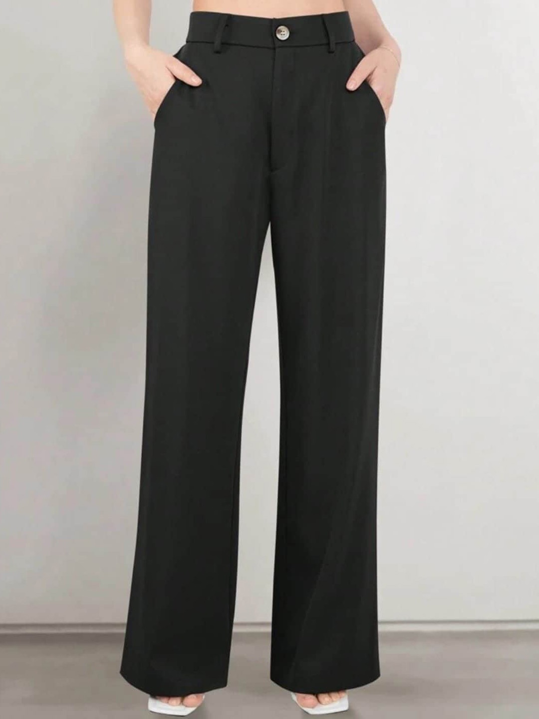 

Next One Women Smart Straight Fit High-Rise Stretchable Knitted Formal Trouser, Black