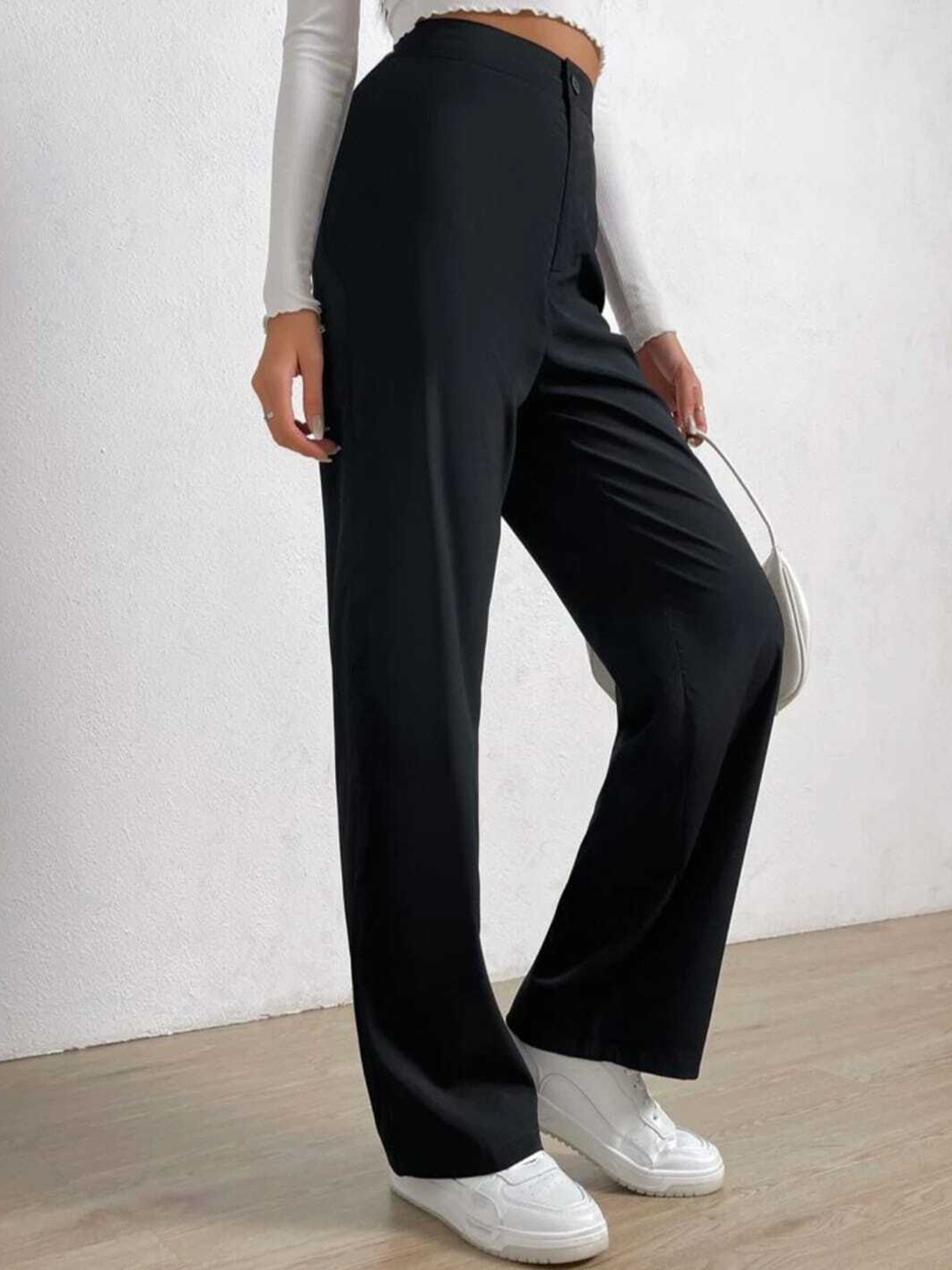 

Next One Women Smart Loose Fit High-Rise Easy Wash Parallel Trousers, Black