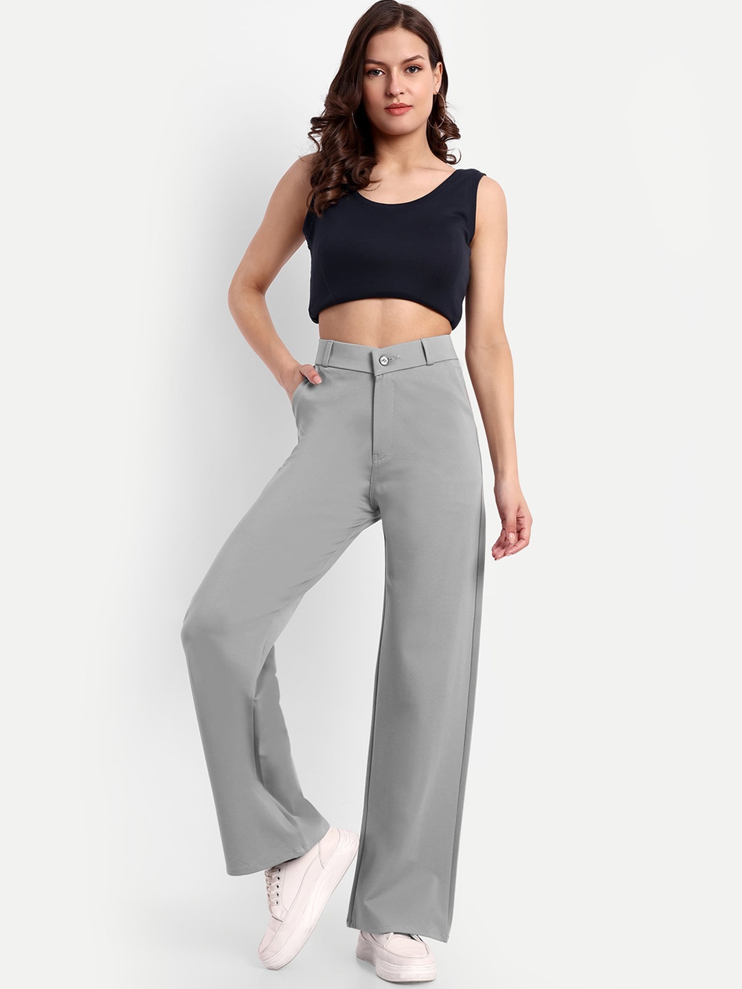 

Next One Women Smart Loose Fit High-Rise Easy Wash Parallel Trousers, Grey