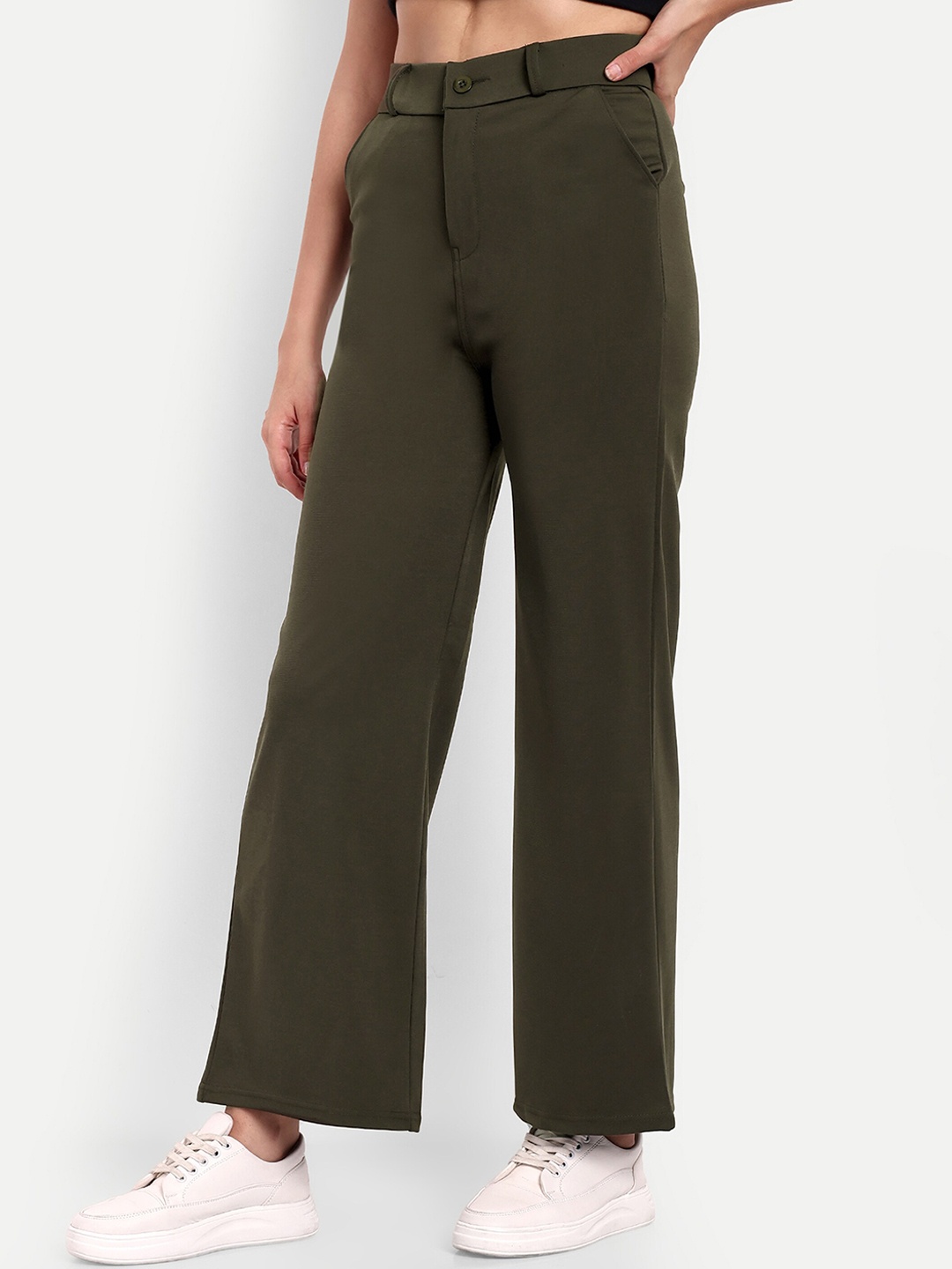 

Next One Women Smart Loose Fit High-Rise Easy Wash Parallel Trousers, Olive