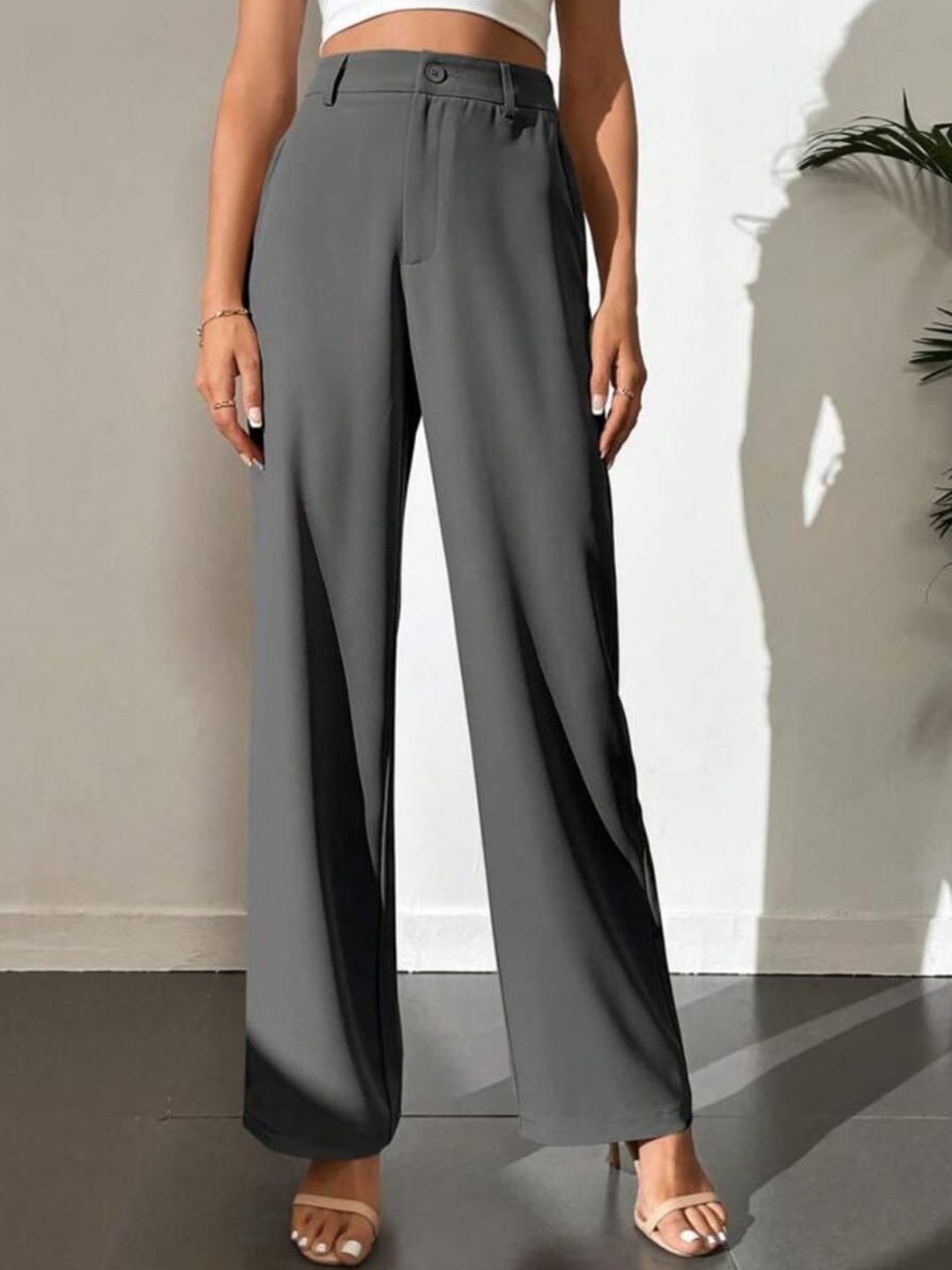 

Next One Women Smart Loose Fit High-Rise Easy Wash Parallel Trousers, Grey