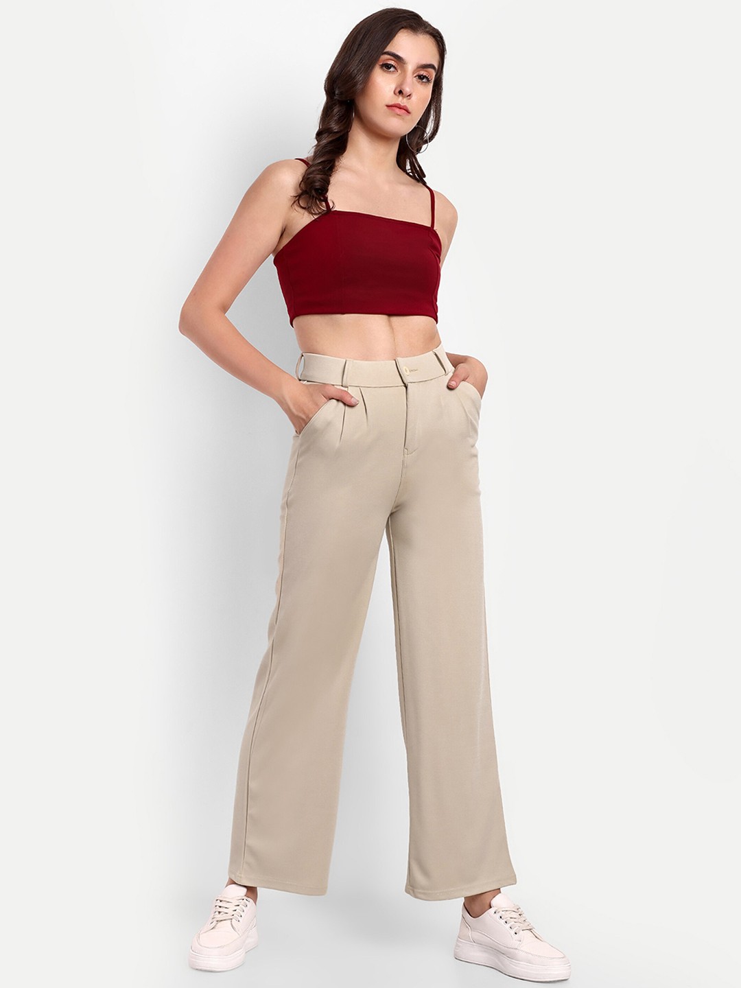 

Next One Women High-Rise Pleated Korean Trousers, Beige
