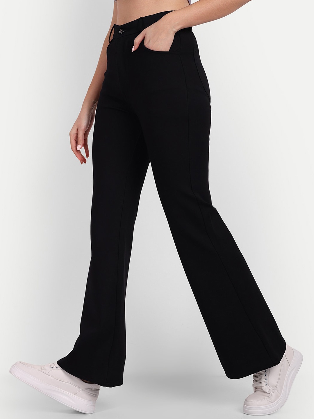 

Next One Women Smart Flared High Rise Stretchable Easy Wash Bootcut Trousers, Black