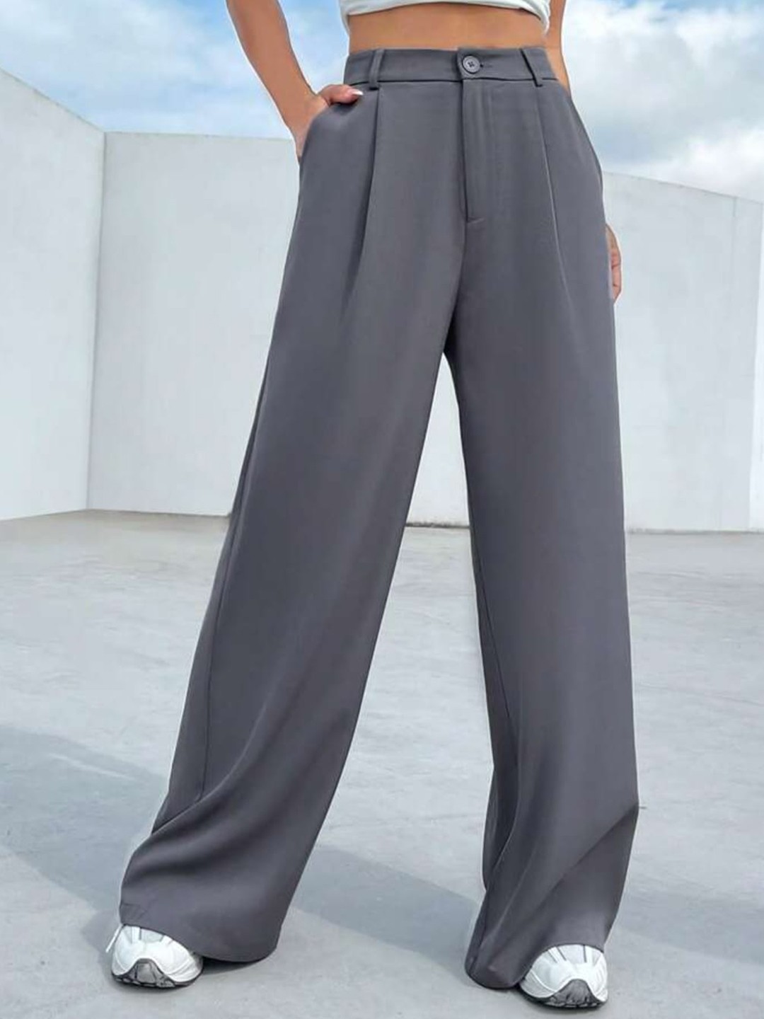 

Next One Women High-Rise Pleated Korean Trousers, Grey