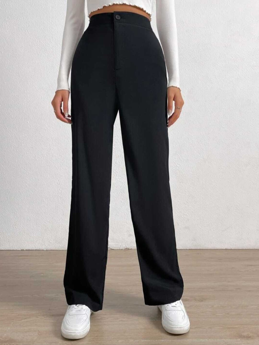 

Next One Women Smart Loose Fit High-Rise Easy Wash Parallel Trousers, Black