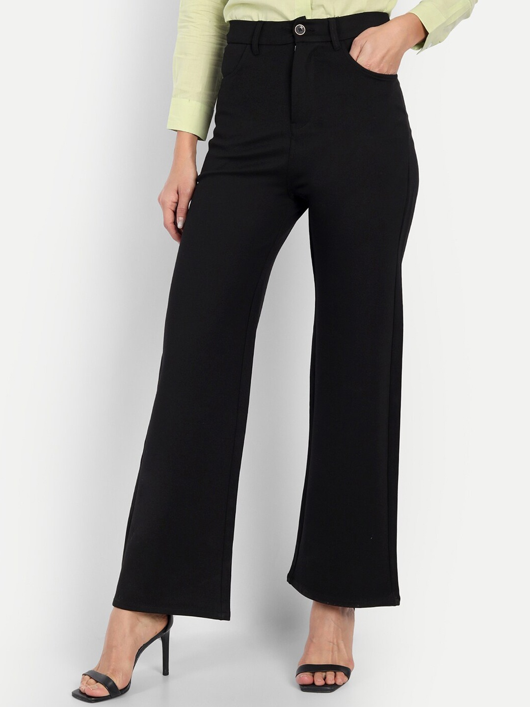 

Next One Women Smart Straight Fit High-Rise Stretchable Knitted Formal Trouser, Black