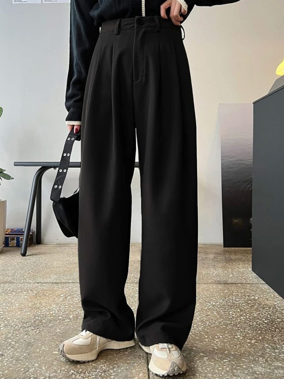 

Next One Women High-Rise Pleated Korean Trousers, Black