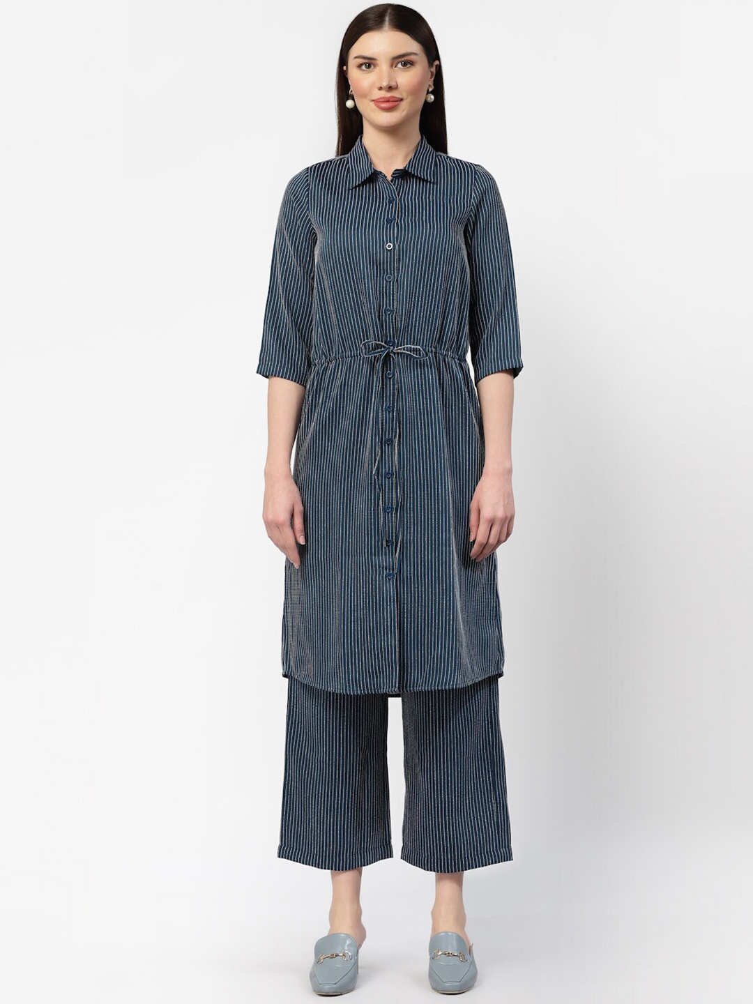 

OFFICE & YOU Striped Shirt Collar Cotton Tunic, Navy blue