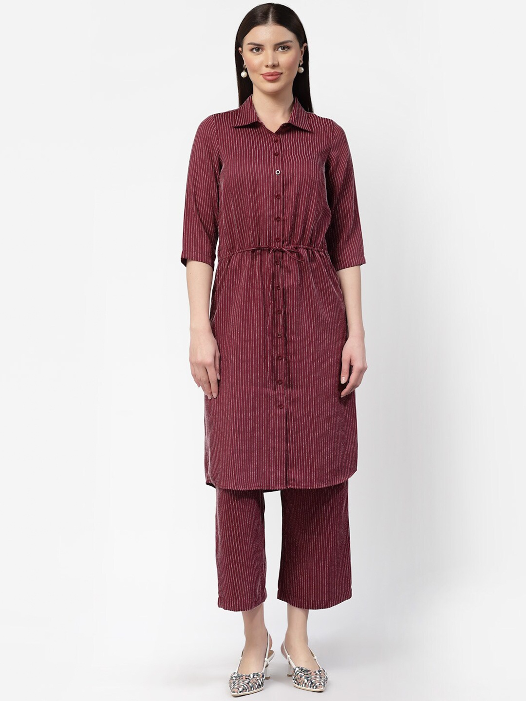 

OFFICE & YOU Striped Shirt Collar Cotton Tunic, Maroon