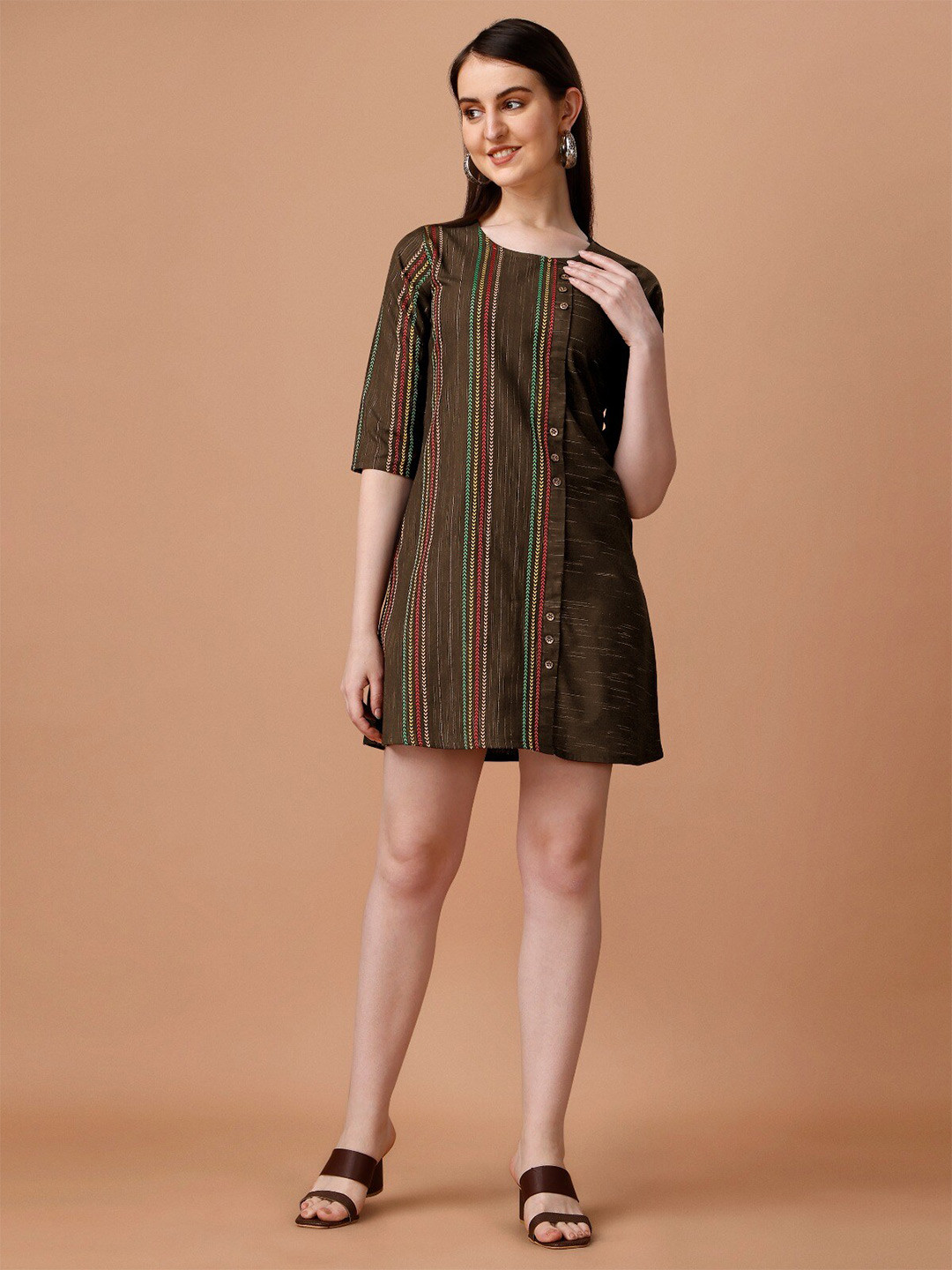 

WILNERCROWN Striped Cotton A-Line Dress, Coffee brown