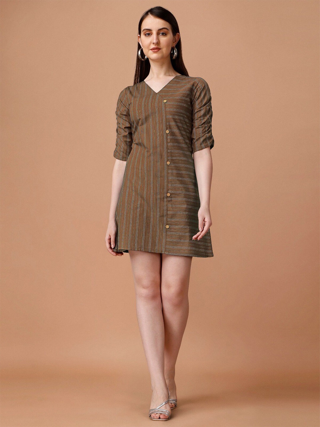 

WILNERCROWN Striped Cotton A-Line Dress, Coffee brown