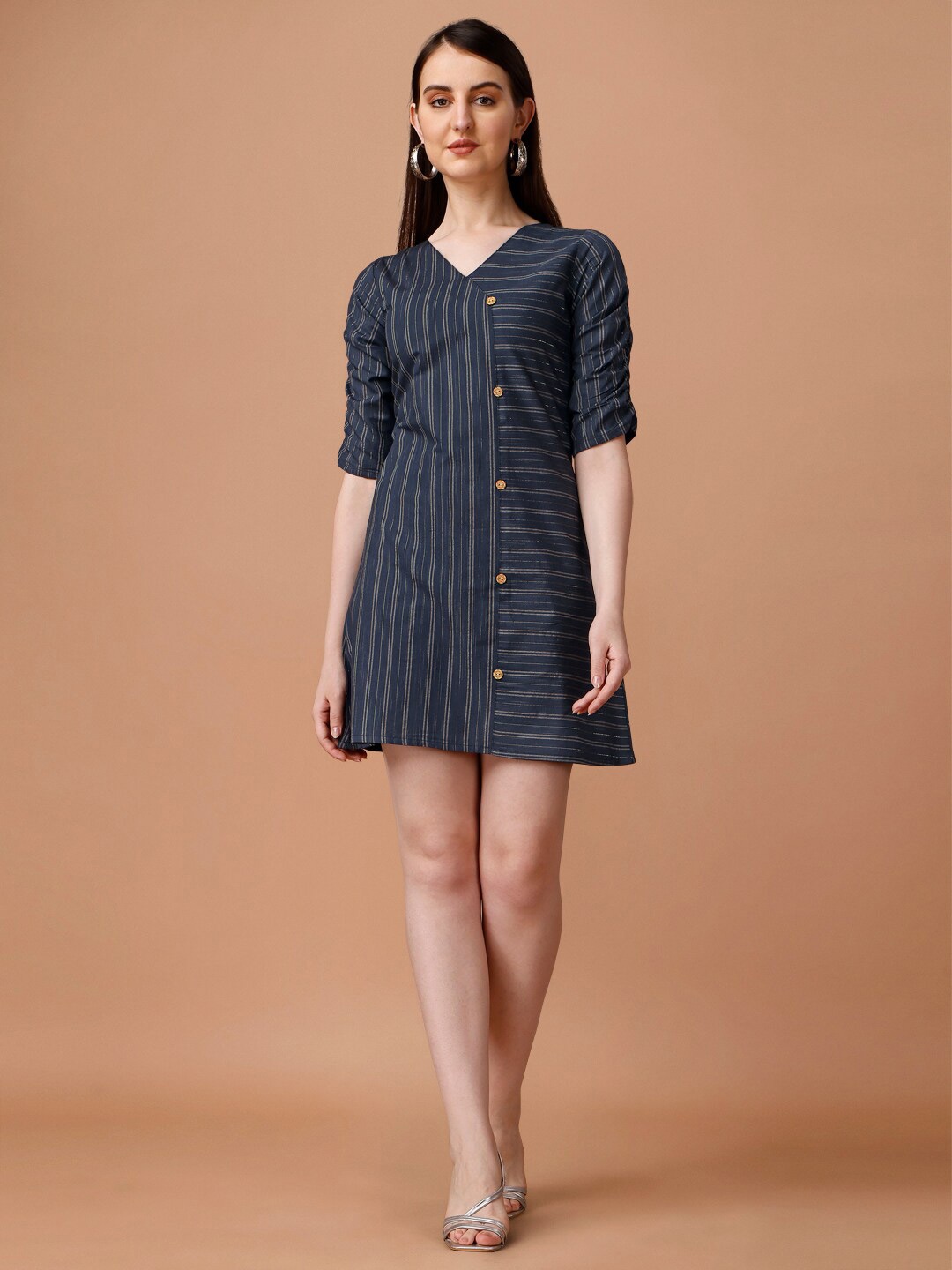 

WILNERCROWN Striped V-Neck Cotton A-Line Dress, Blue