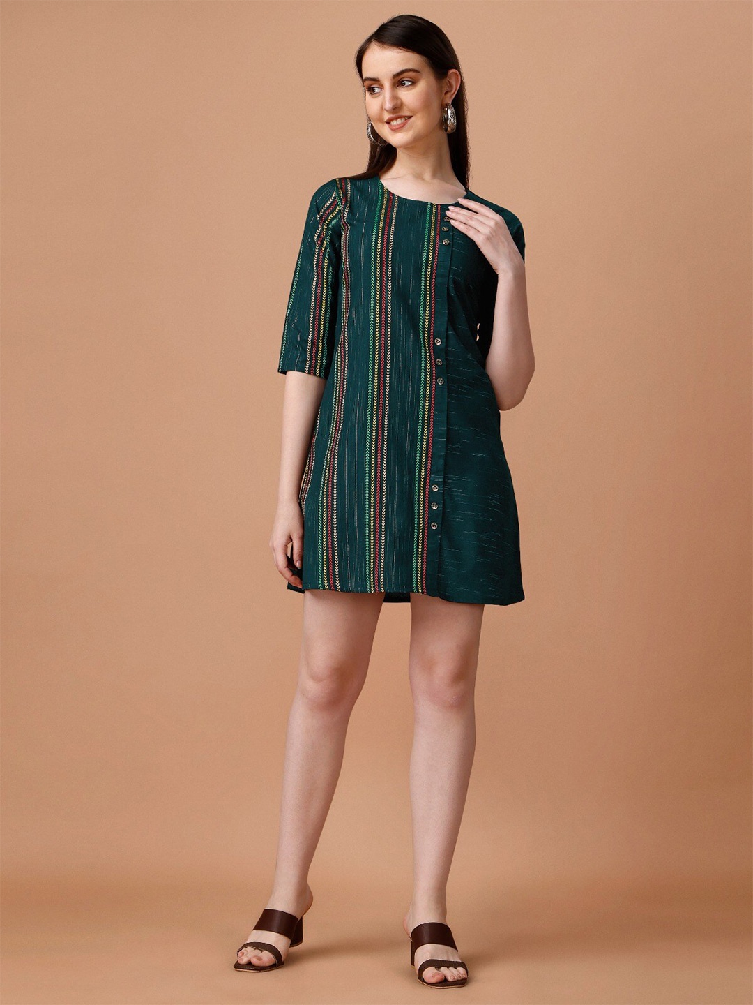 

WILNERCROWN Striped A-Line Cotton Dress, Green