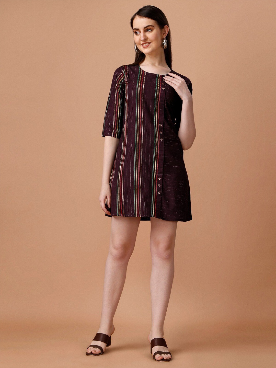 

WILNERCROWN Striped A-Line Cotton Dress, Maroon