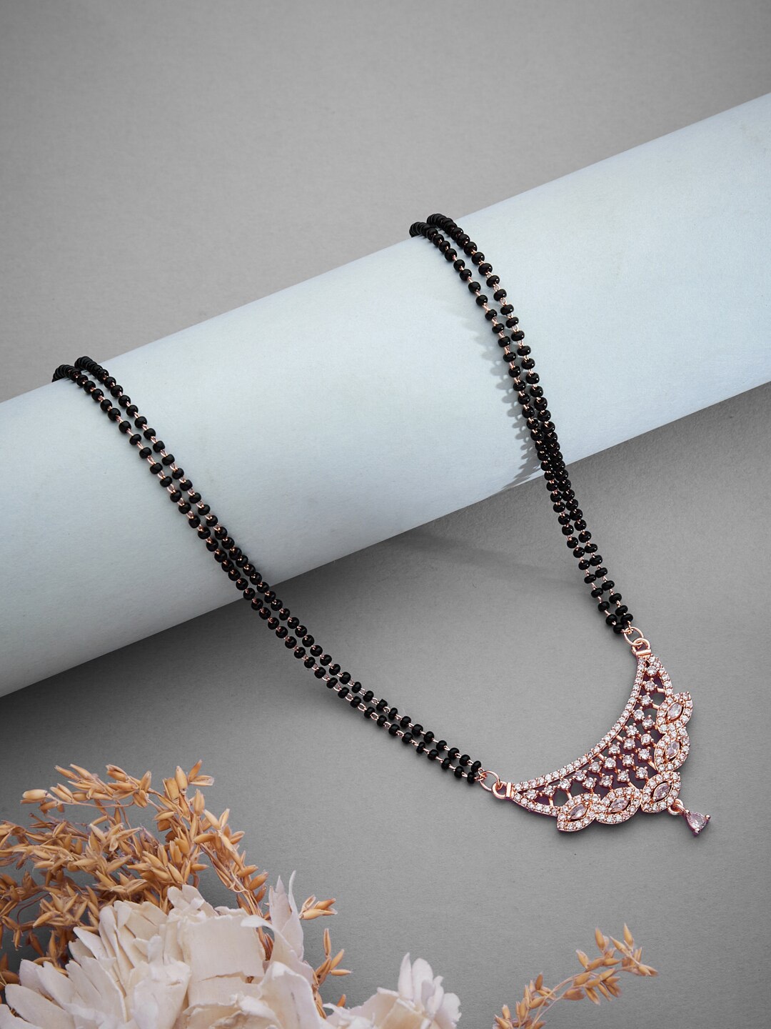 

ATIBELLE Rose Gold-Plated American Diamond Studded & Beaded Mangalsutra