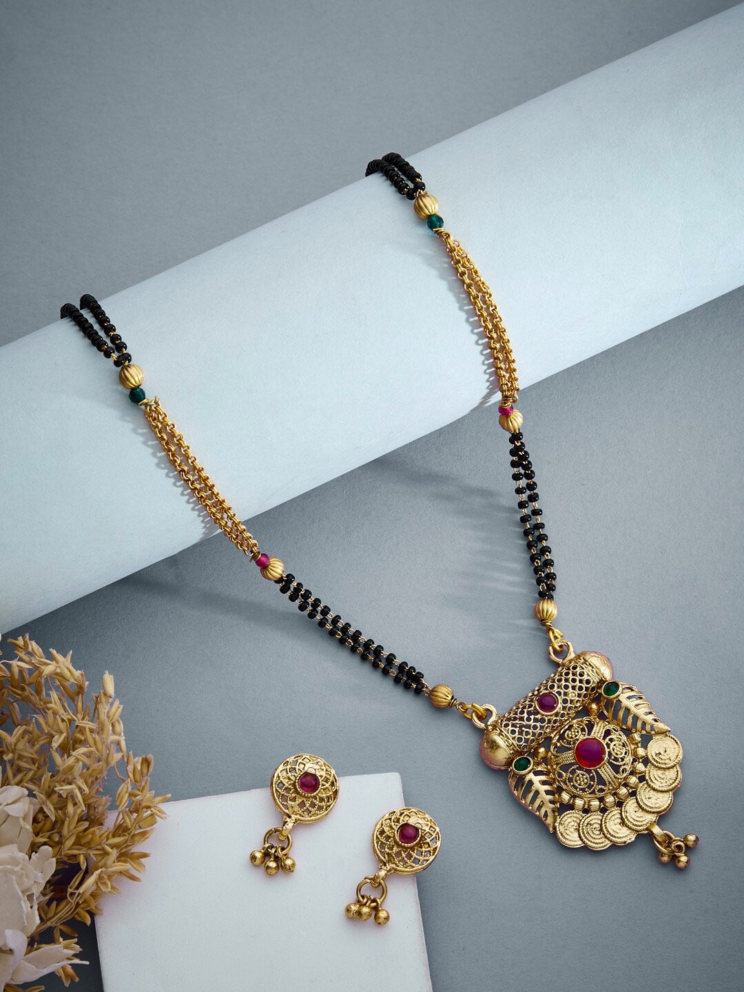 

ATIBELLE Gold-Plated Stones-Studded & Beaded Floral Mangalsutra With Earrings