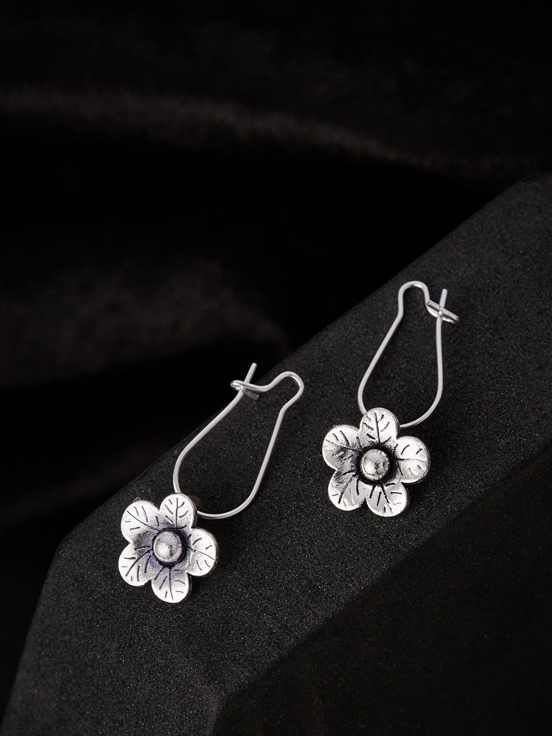 

ATIBELLE Silver-Plated German Silver Floral Oxidised Drop Earrings