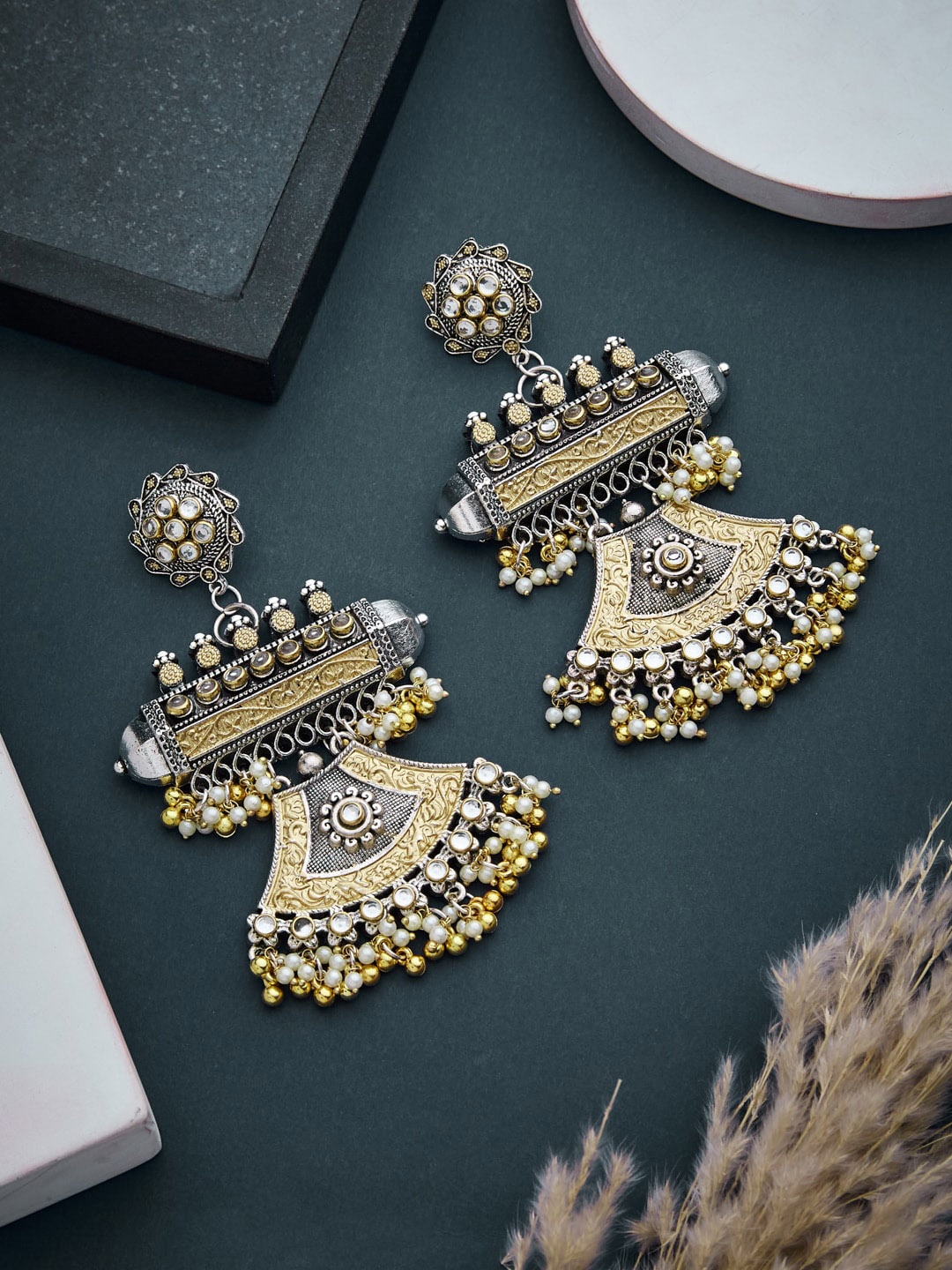 

ATIBELLE German Silver Kundan-Studded Contemporary Drop Earrings