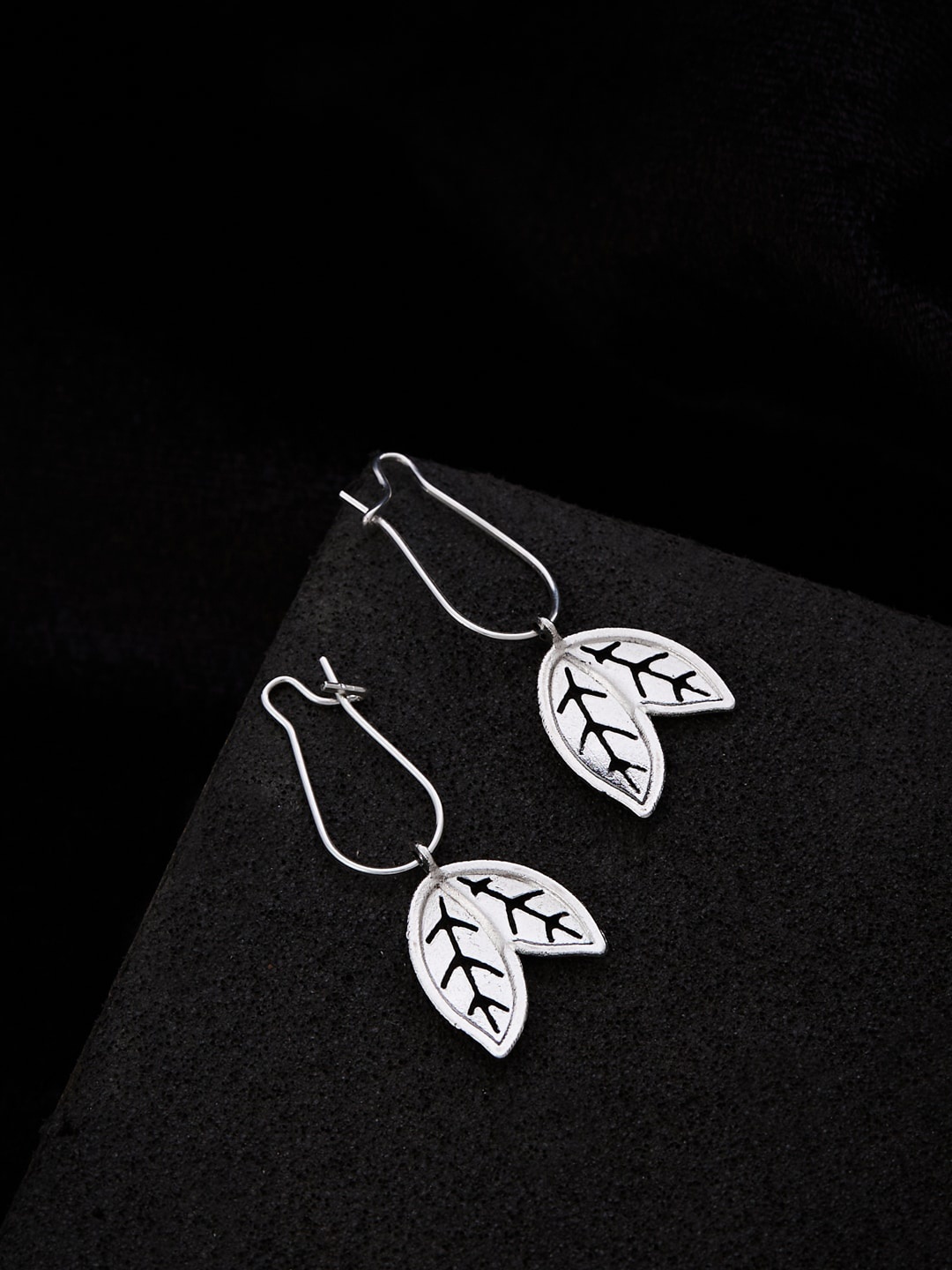 

ATIBELLE Silver-Plated German Silver Leaf Shaped Oxidised Drop Earrings