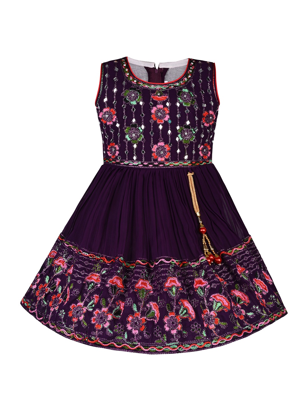 

Wish Karo Girls Floral Embroidered Mirror Work Silk Satin Fit & Flare Dress, Purple