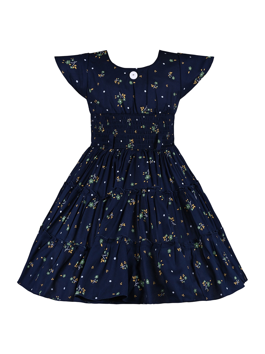 

Wish Karo Girls Floral Printed Cap Sleeves Smocked Tiered Satin Fit and Flare Dress, Navy blue