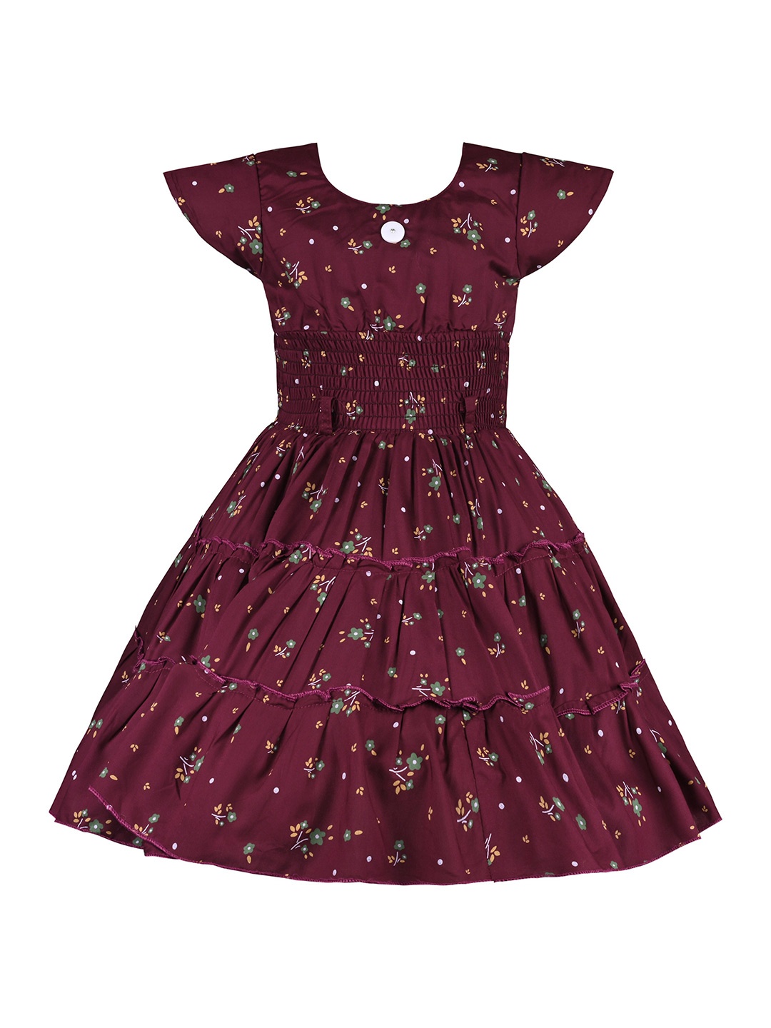 

Wish Karo Girls Floral Printed Cap Sleeves Smocked Tiered Satin Fit and Flare Dress, Maroon