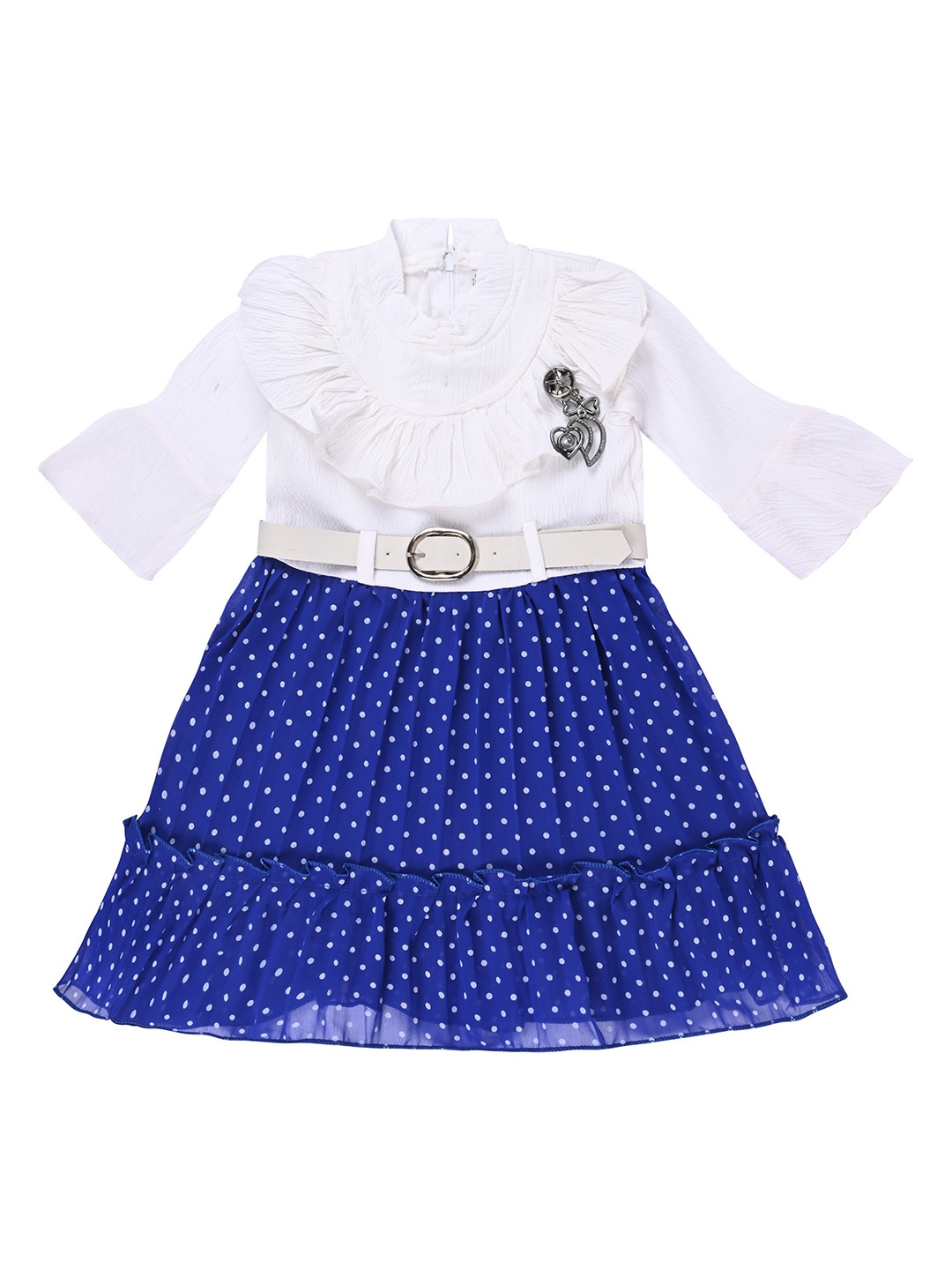 

Wish Karo Girls Polka Dot Printed Bell Sleeves Silk Satin Fit and Flare Dress, Blue
