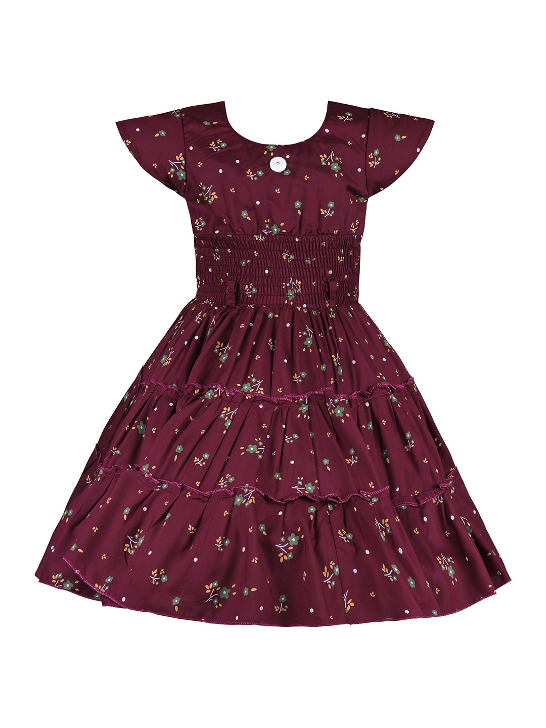 

Wish Karo Girls Floral Printed Cap Sleeves Smocked Satin Fit and Flare Dress, Maroon