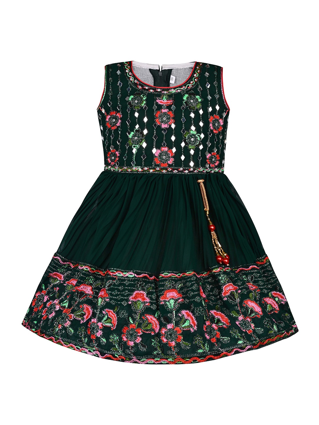 

Wish Karo Girls Floral Embroidered Mirror Work Silk Satin Fit & Flare Dress, Green