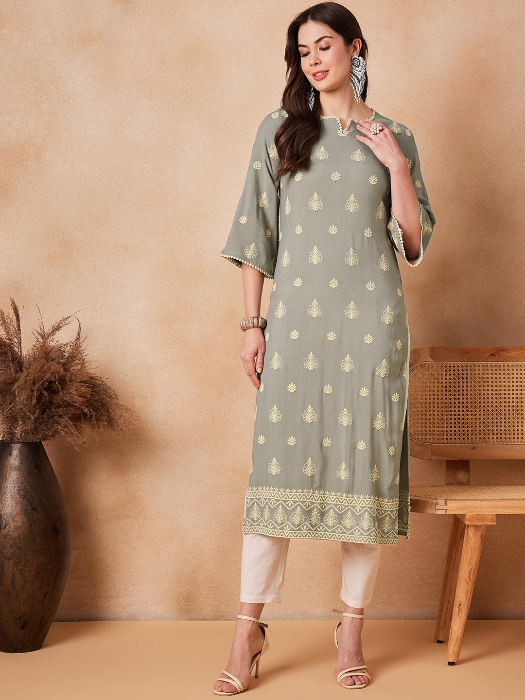 

House of Pataudi Ethnic Motifs Embroidered Pure-Cotton Straight Kurta, Beige