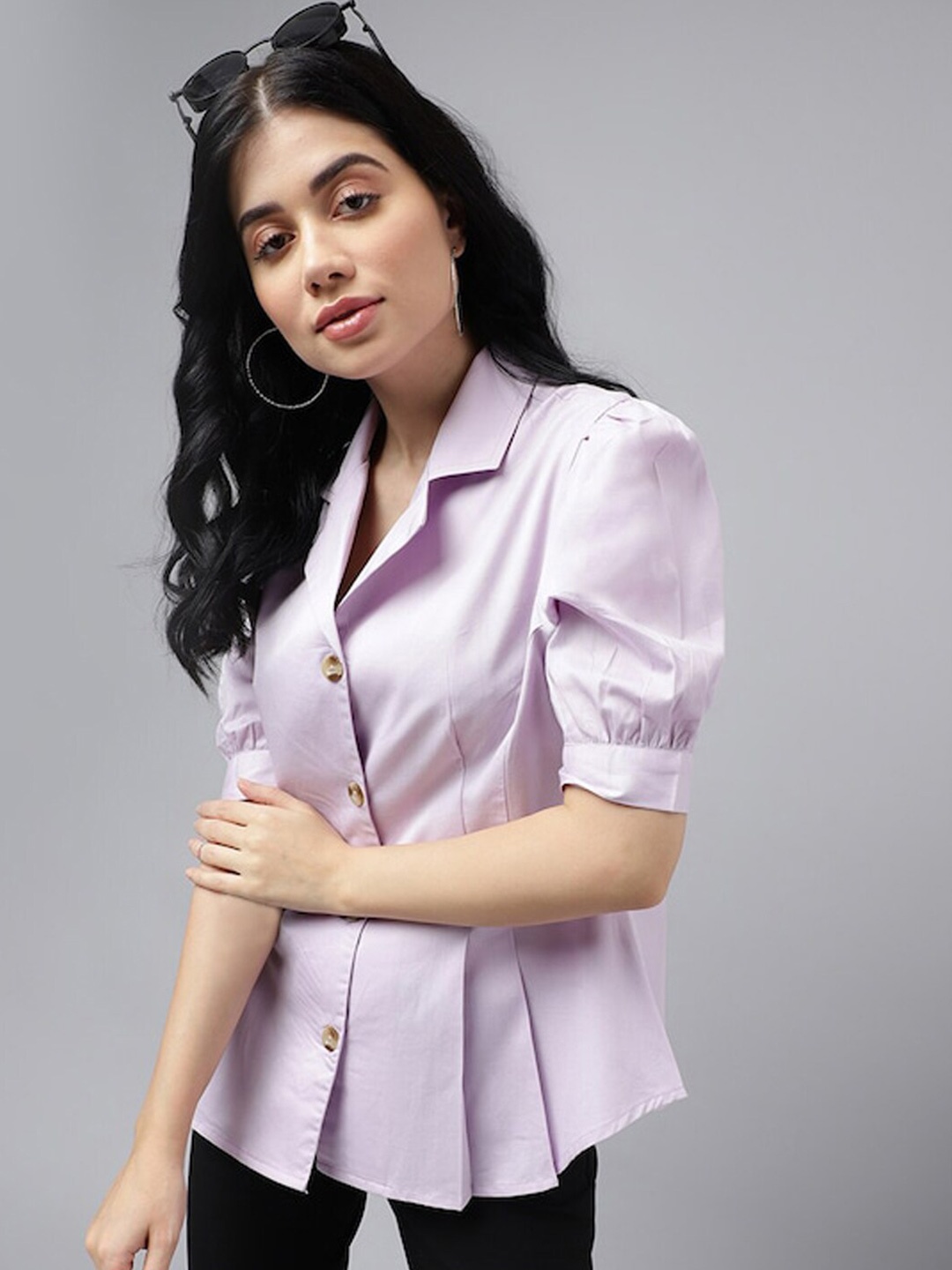 

Hancock Comfort Fit Puff Sleeves Cuban Collar Pure Cotton Pleated Formal Shirt, Lavender