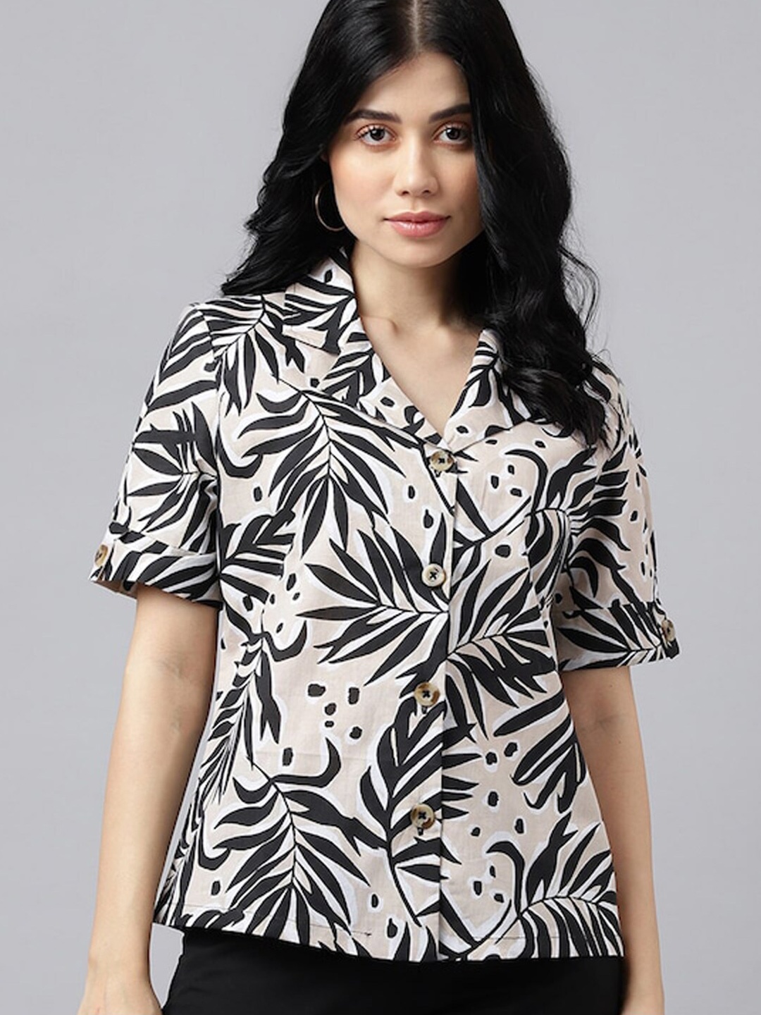 

Hancock Comfort Fit Floral Printed Short Sleeves Cuban Collar Pure Cotton Casual Shirt, Beige