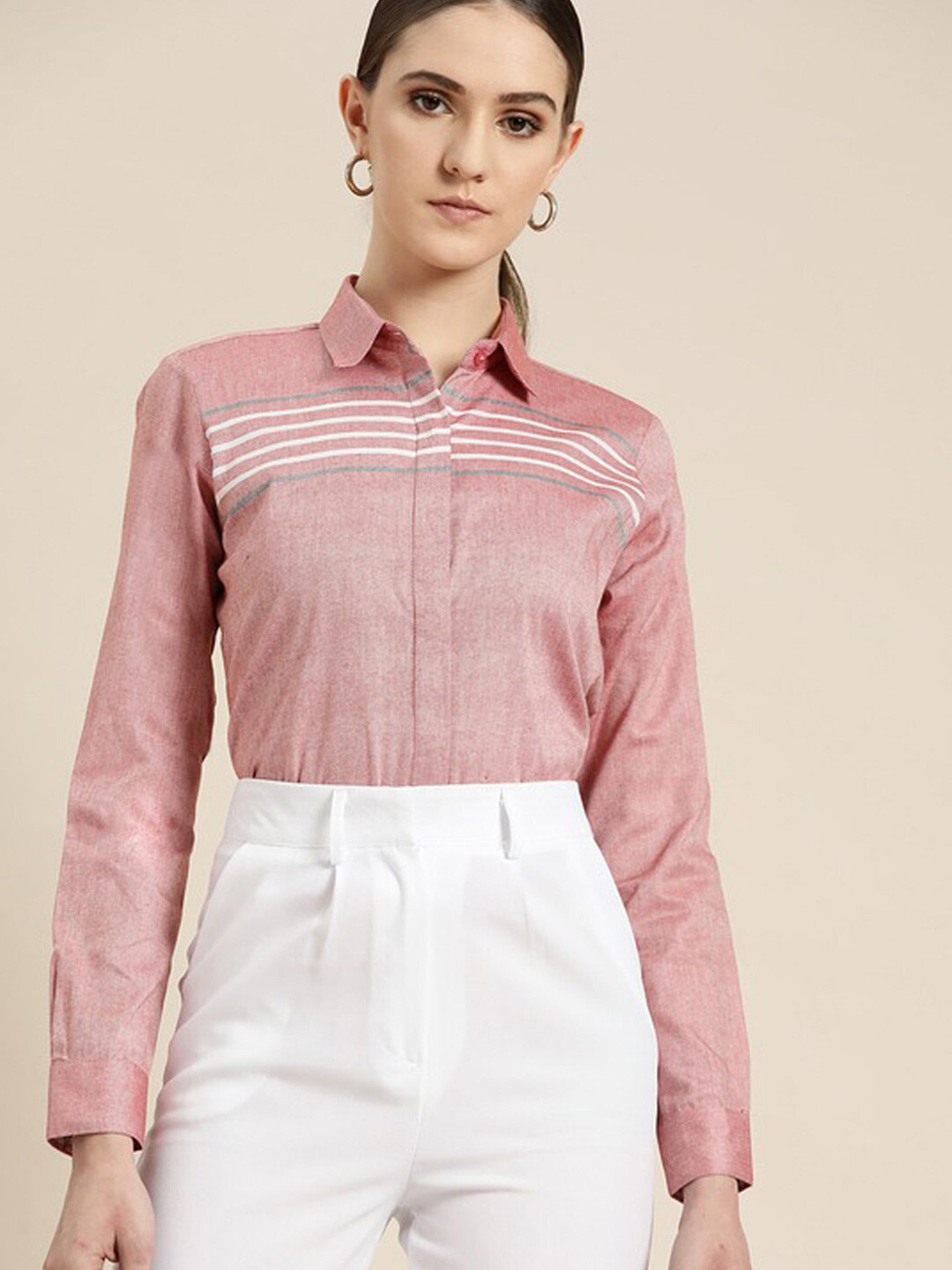 

Hancock Comfort Fit Melange Horizontal Striped Oxford Weave Pure Cotton Formal Shirt, Coral