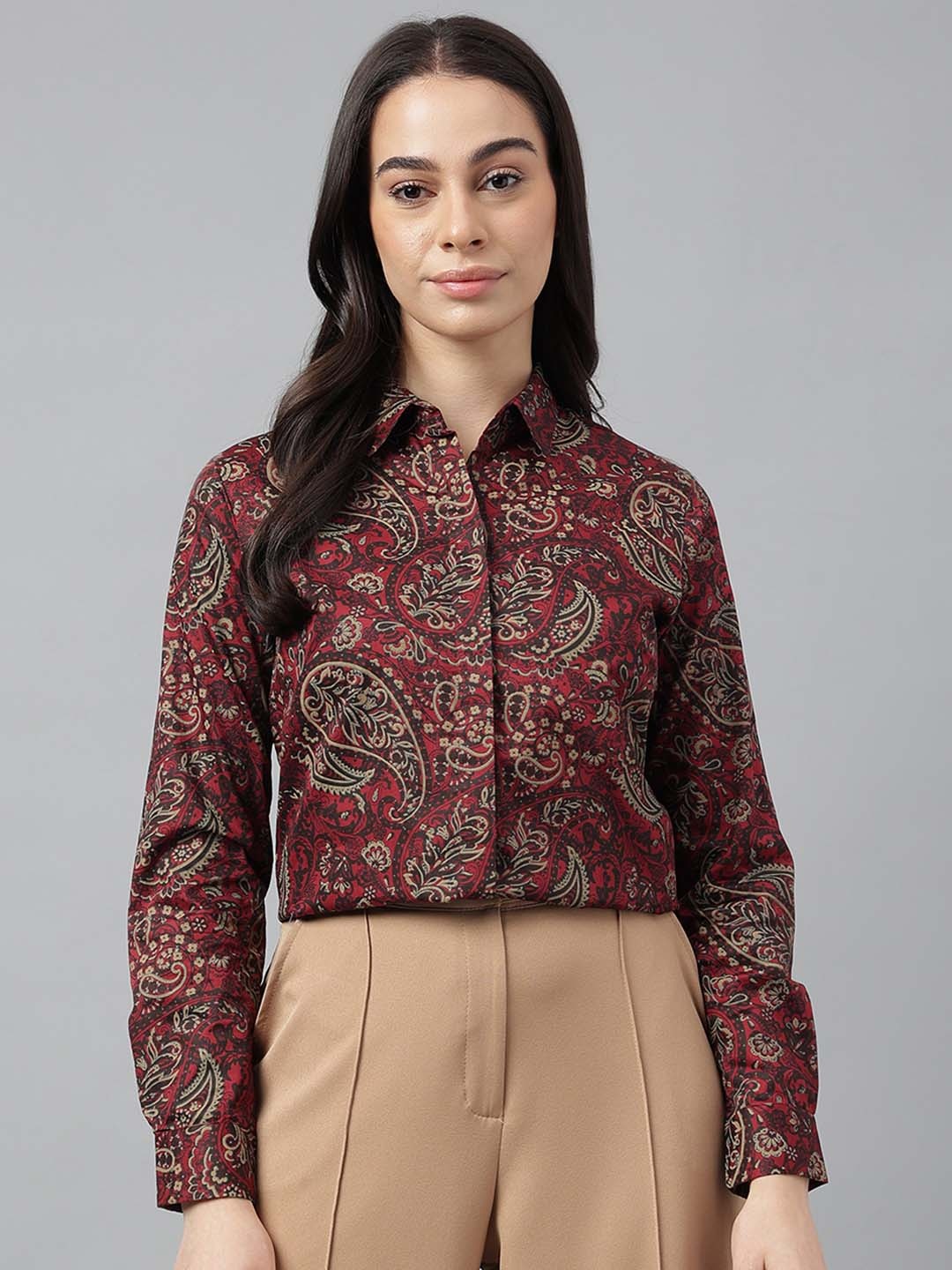 Hancock Comfort Ethnic Motifs Printed Cotton Satin Formal Shirt, Maroon