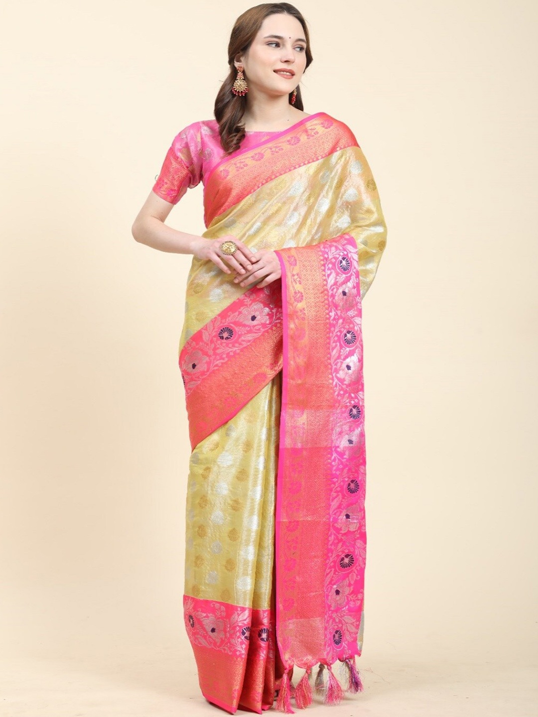 

faxofab Floral Woven Design Zari Tussar Saree, Yellow