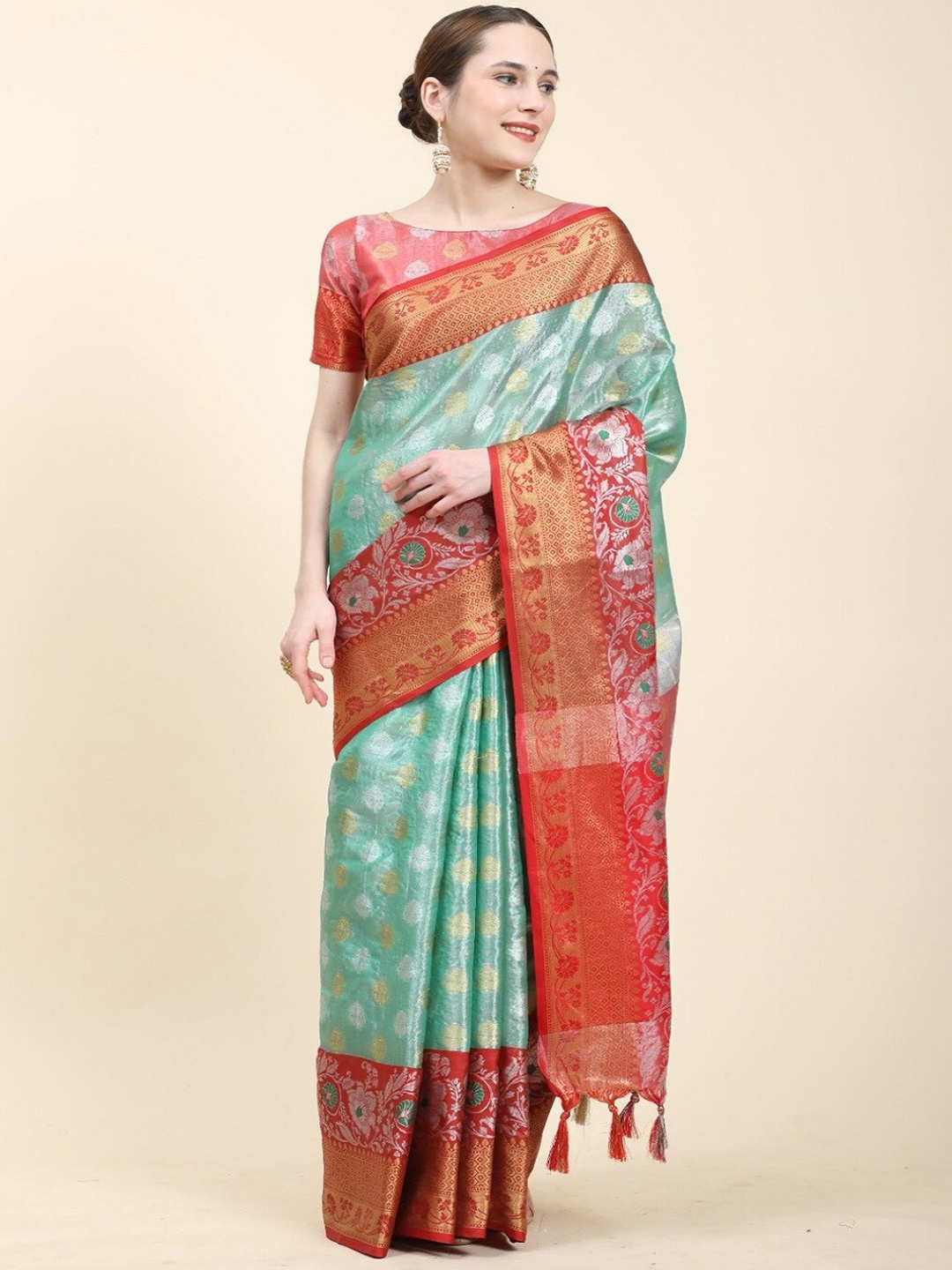 

faxofab Ethnic Motifs Woven Design Zari Tussar Saree, Green