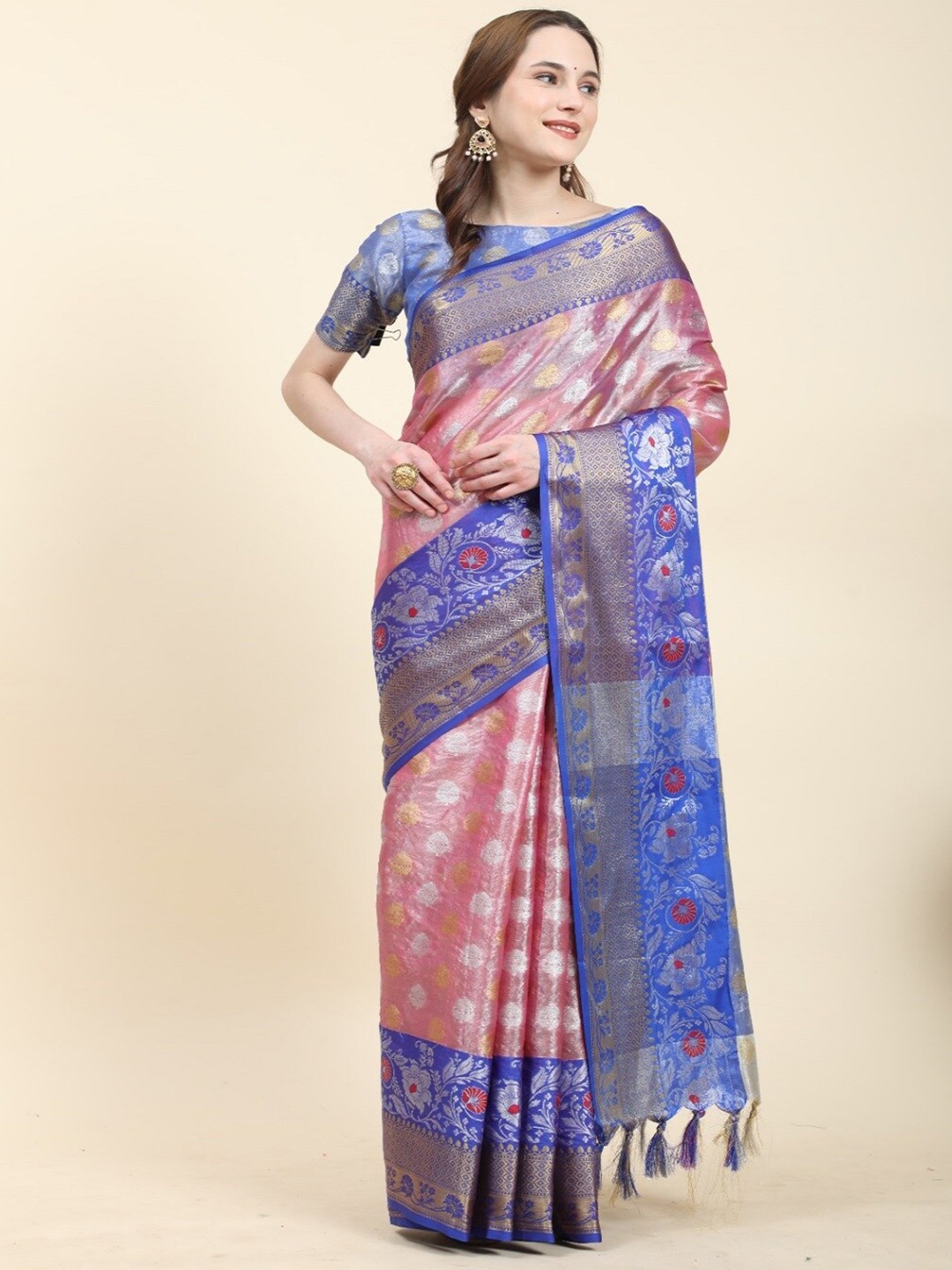 

faxofab Ethnic Motifs Woven Design Zari Silk Blend Tussar Saree, Pink