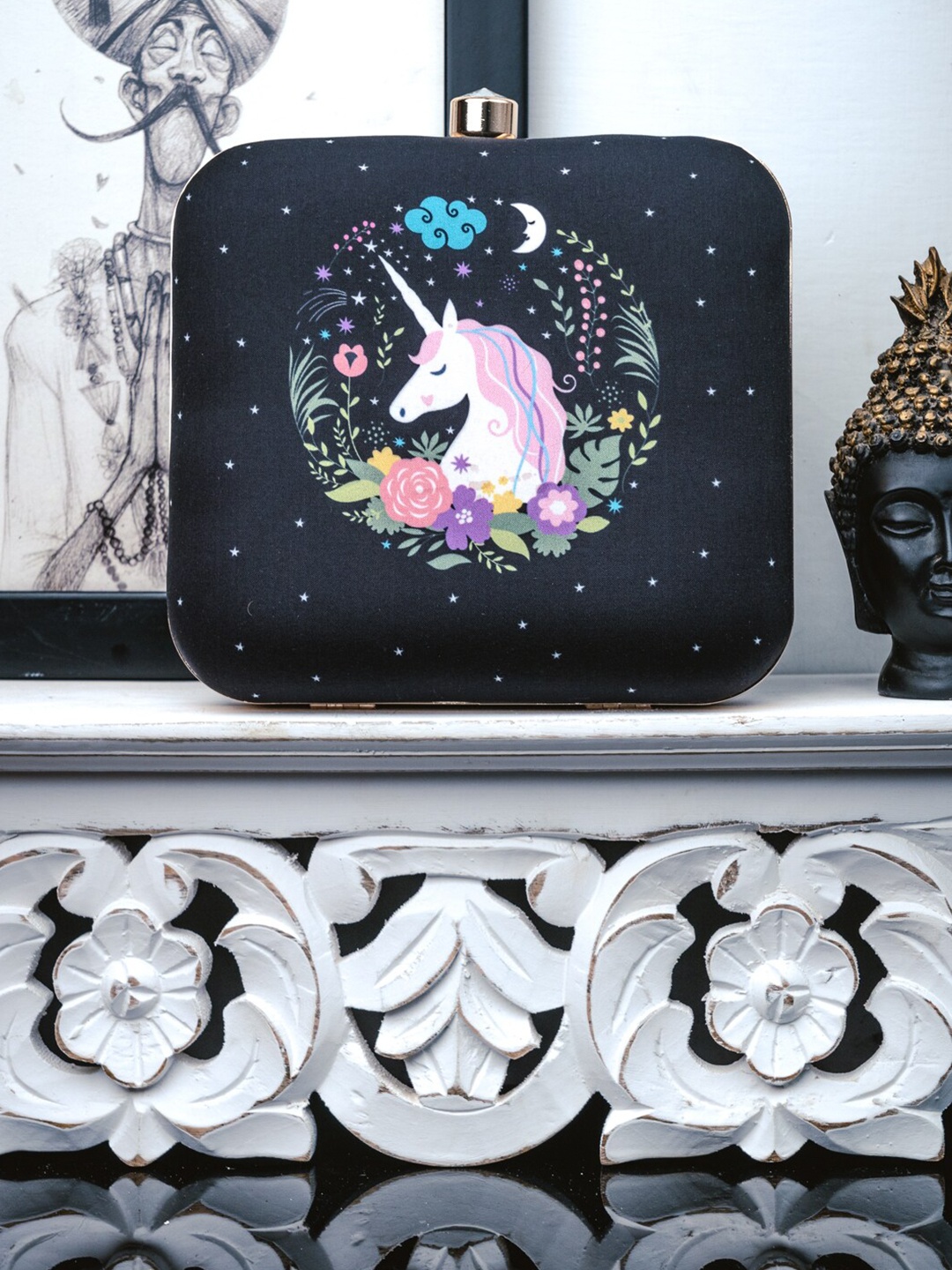 

Anouk Black Printed Box Clutch