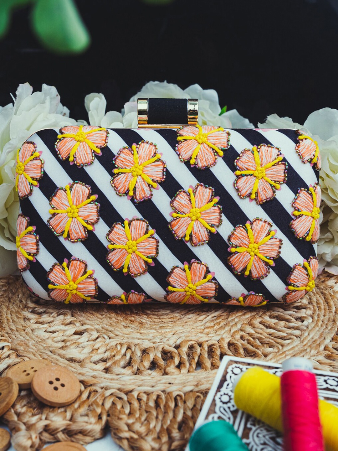 

Anouk White Striped Embroidered Box Clutch, Black