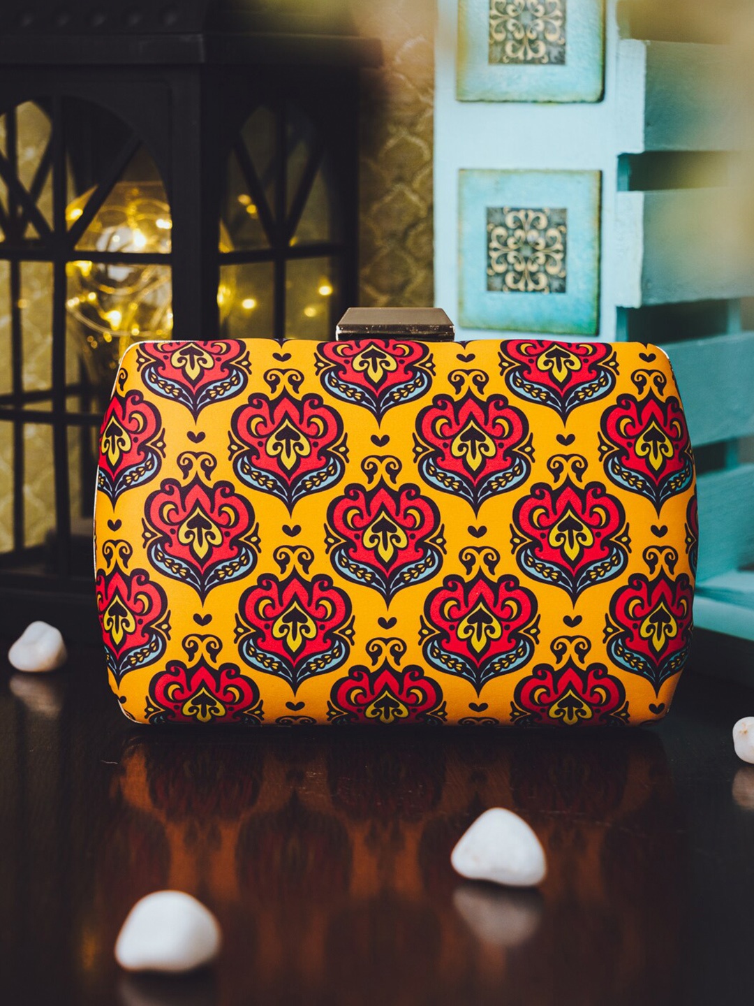 

Anouk Yellow Ethnic Motifs Printed Box Clutch