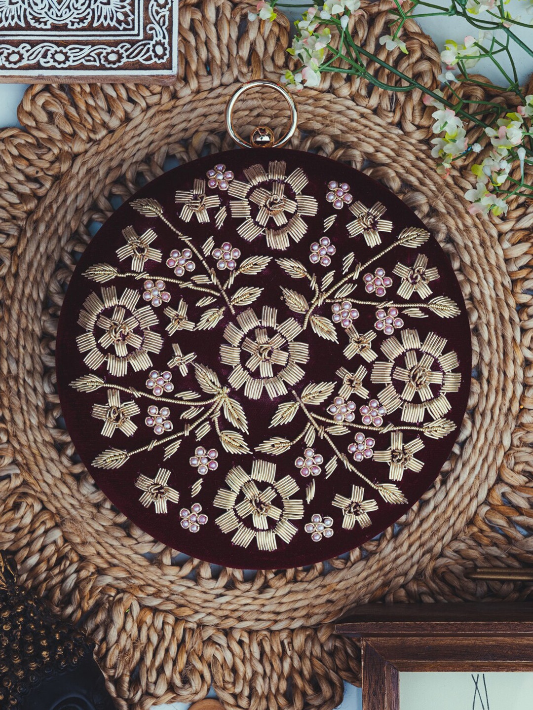 

Anouk Maroon Floral Embroidered Box Clutch