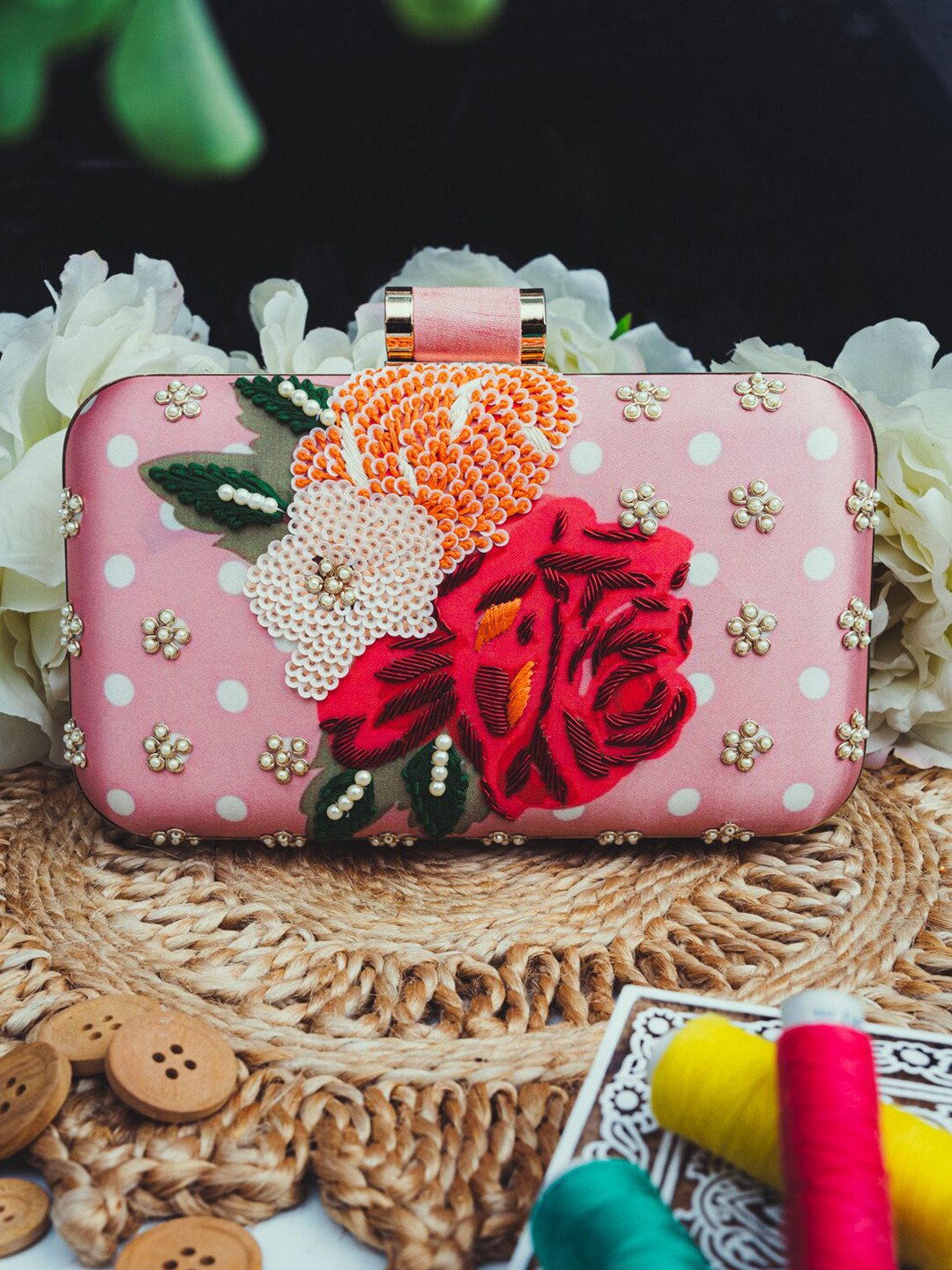 

Anouk Pink Floral Embellished Box Clutch