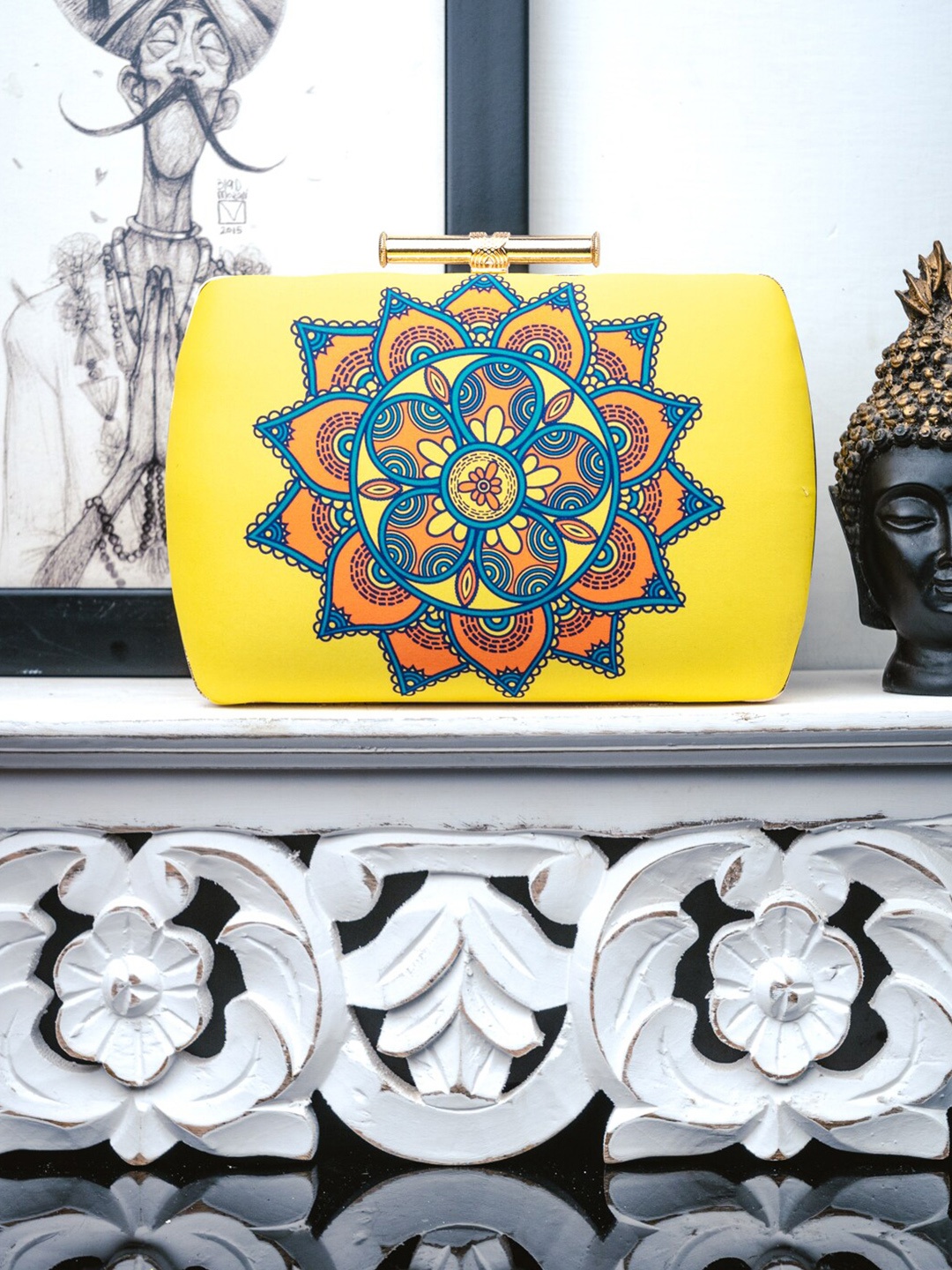 

Anouk Yellow Ethnic Motifs Printed Box Clutch