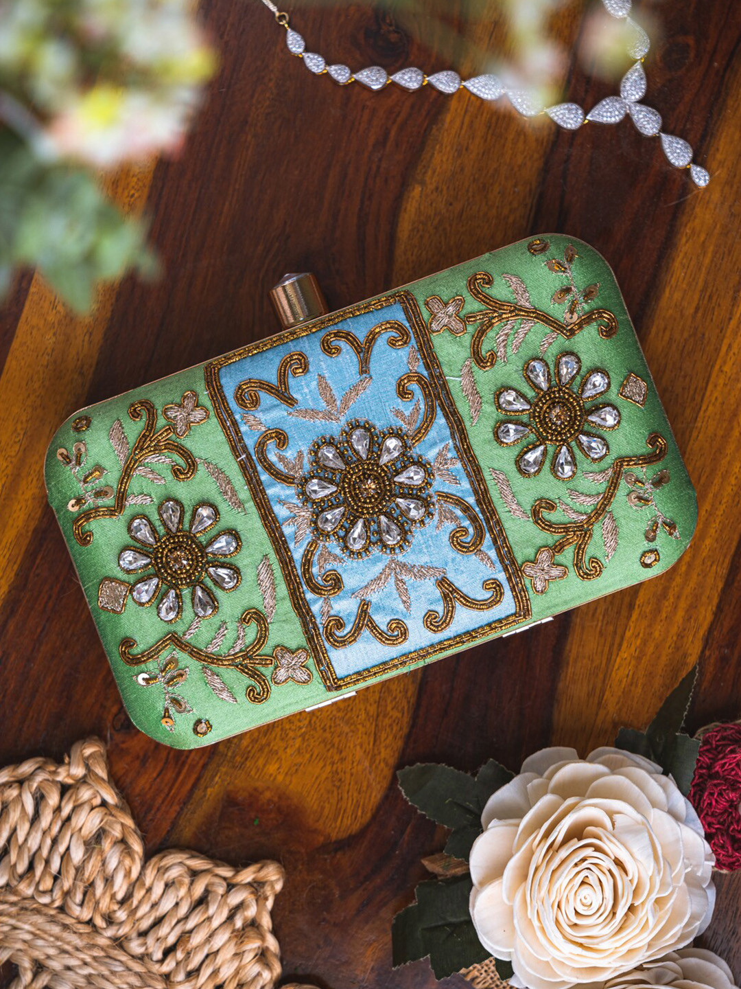 

Anouk Green Embroidered Box Clutch