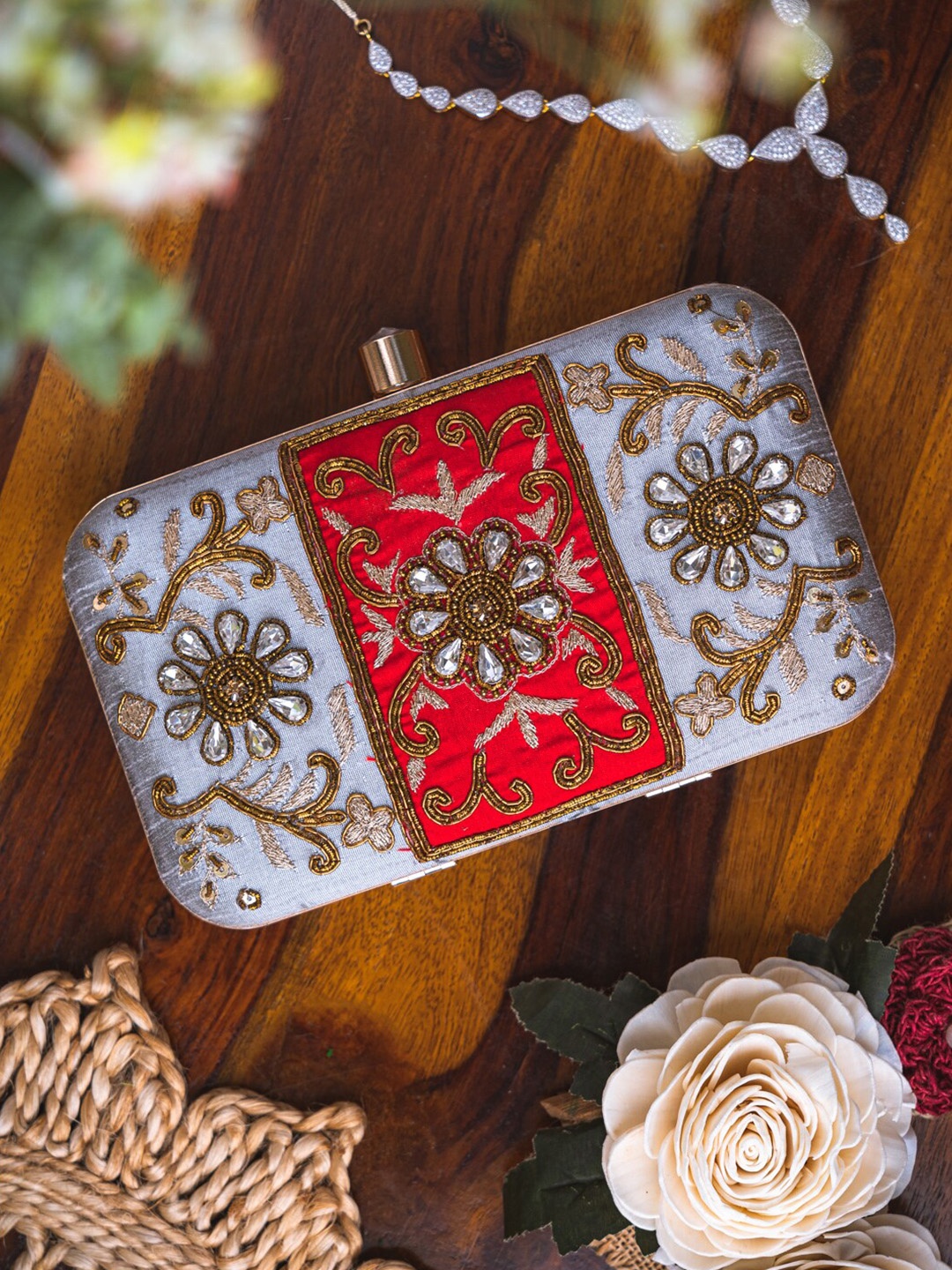 

Anouk Embroidered Box Clutch, Silver