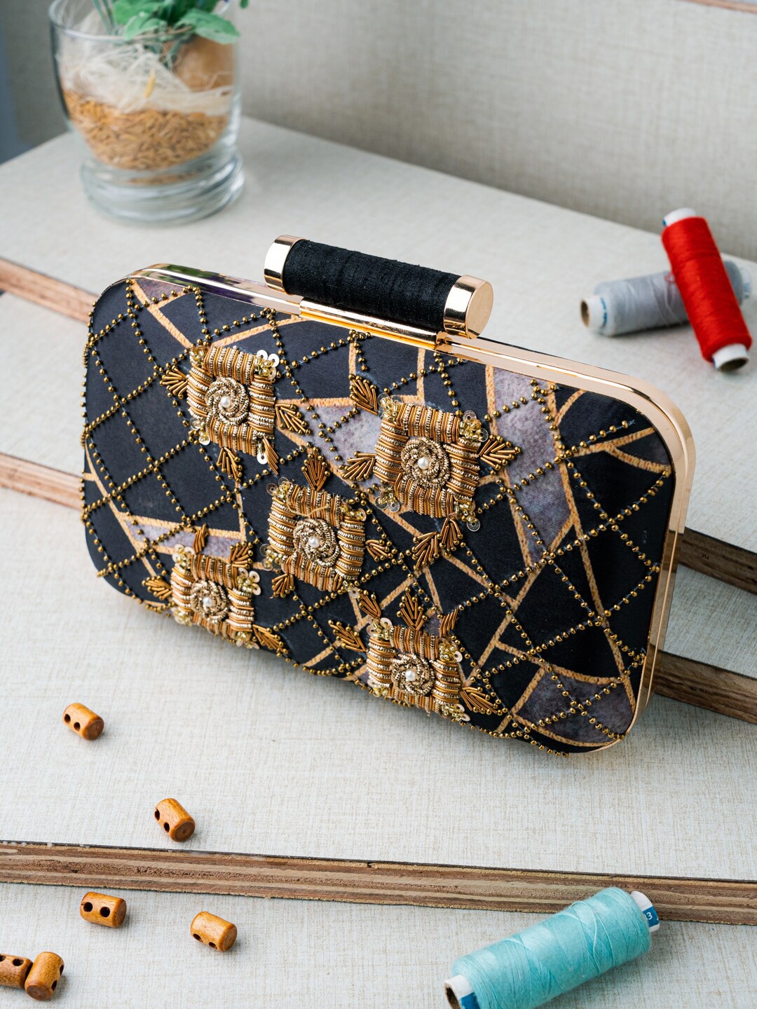 

Anouk Black Embroidered Box Clutch