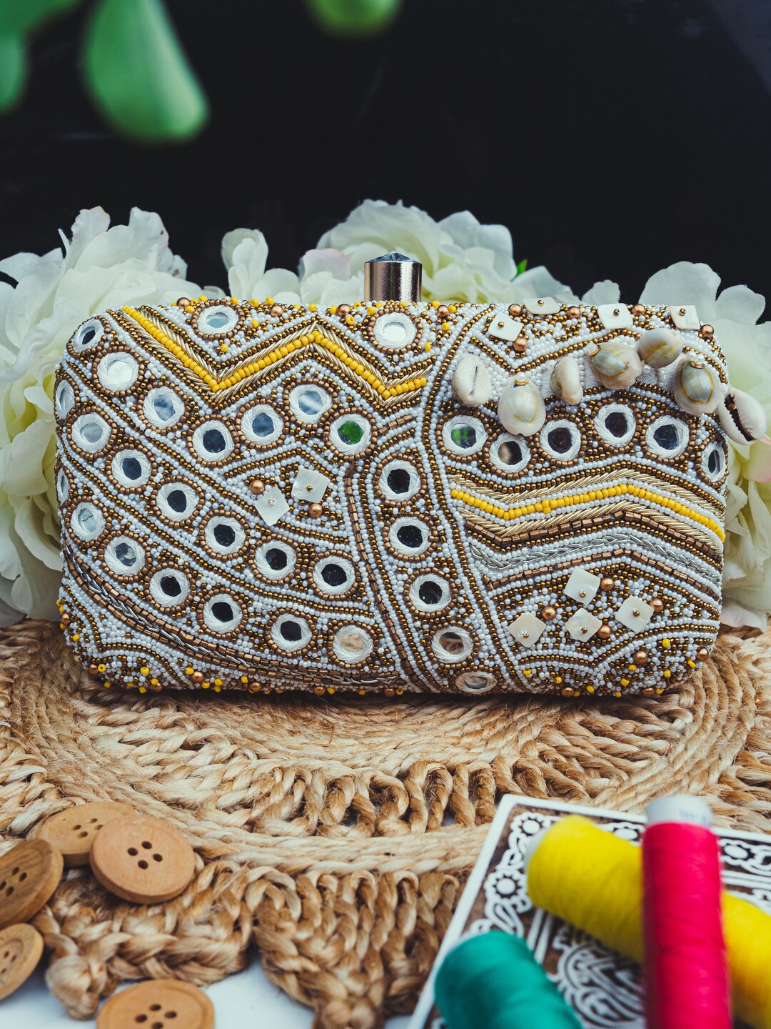 

Anouk Gold Toned Embroidered Mirror Work Box Clutch
