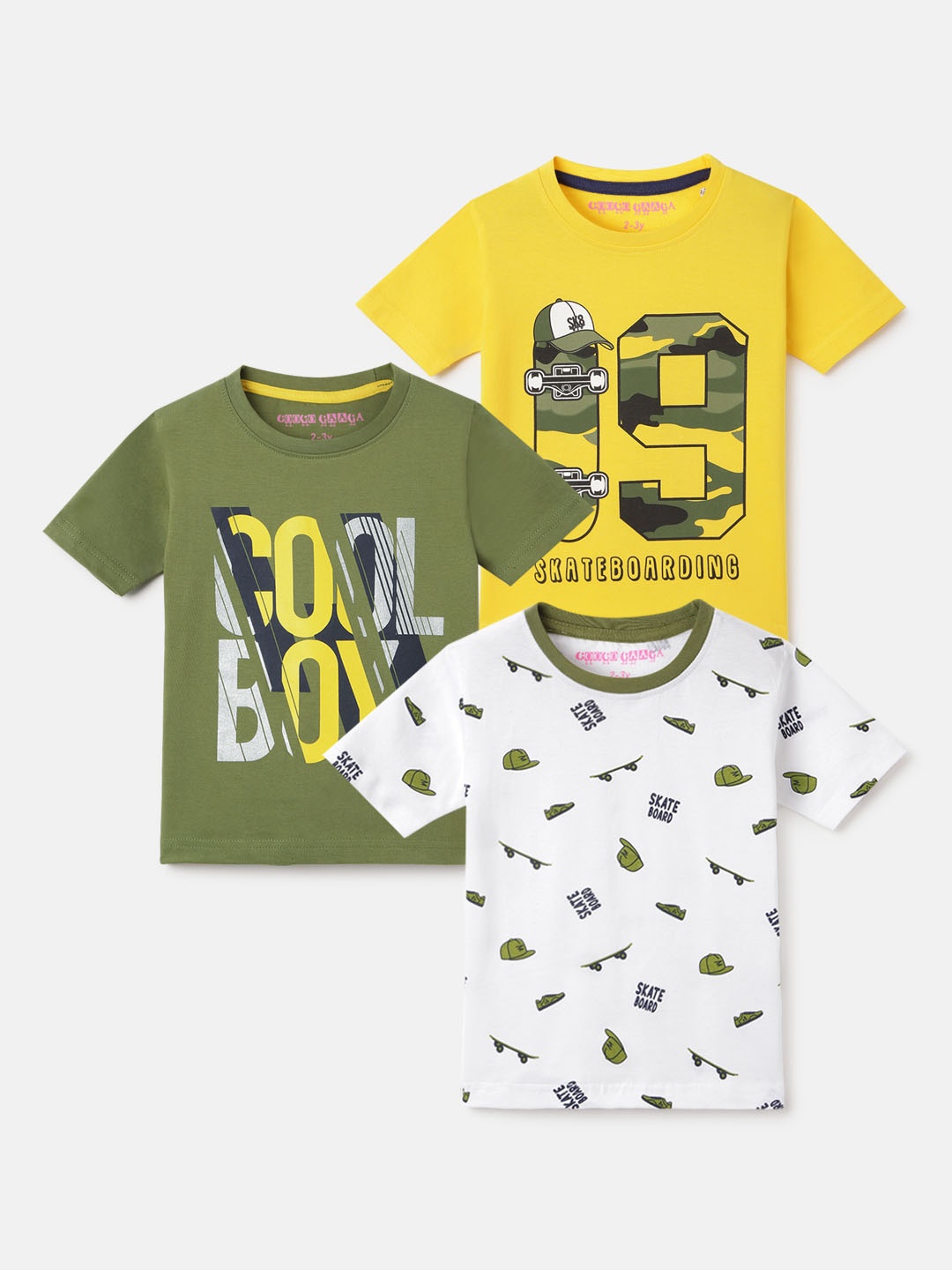 

Googo Gaaga Boys Pack of 3 Printed Round Neck Casual T-shirt, Green