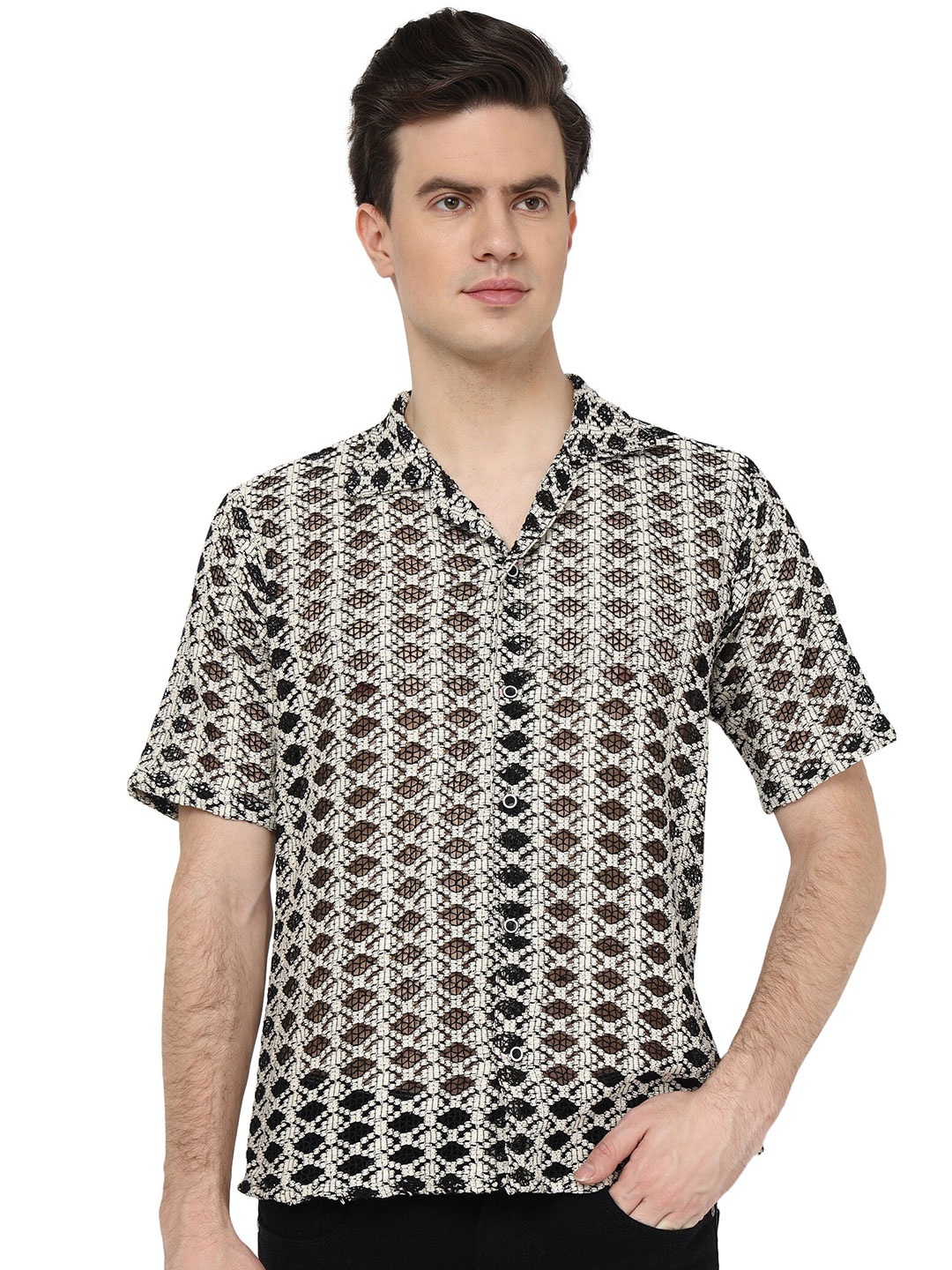 

GETCHI Comfort Self Design Cuban Collar Short Sleeves Cotton Casual Shirt, Black